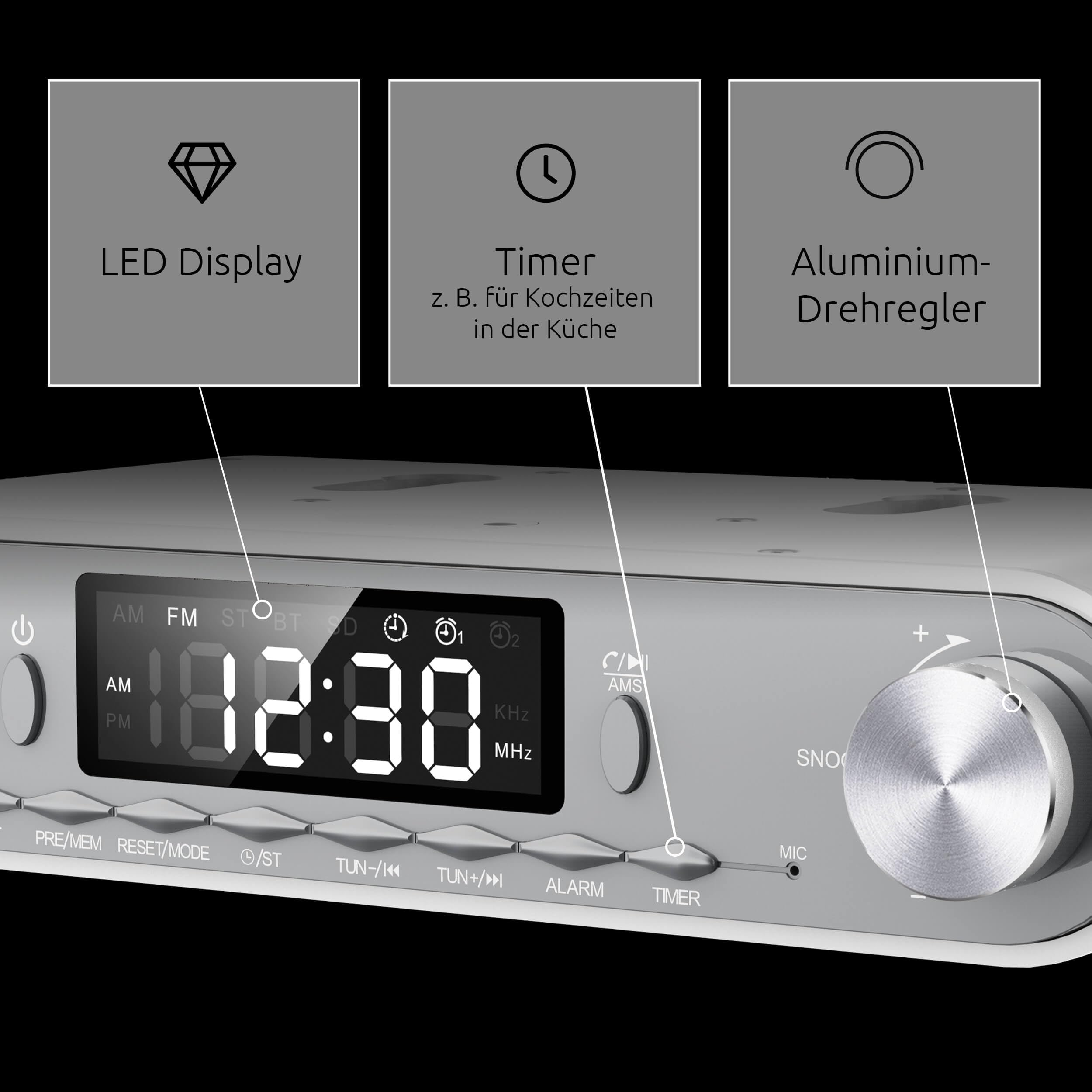 Unter-Schrank-Radio mit LED-Display, Timer und Aluminium-Drehregler auf schwarzem Hintergrund.