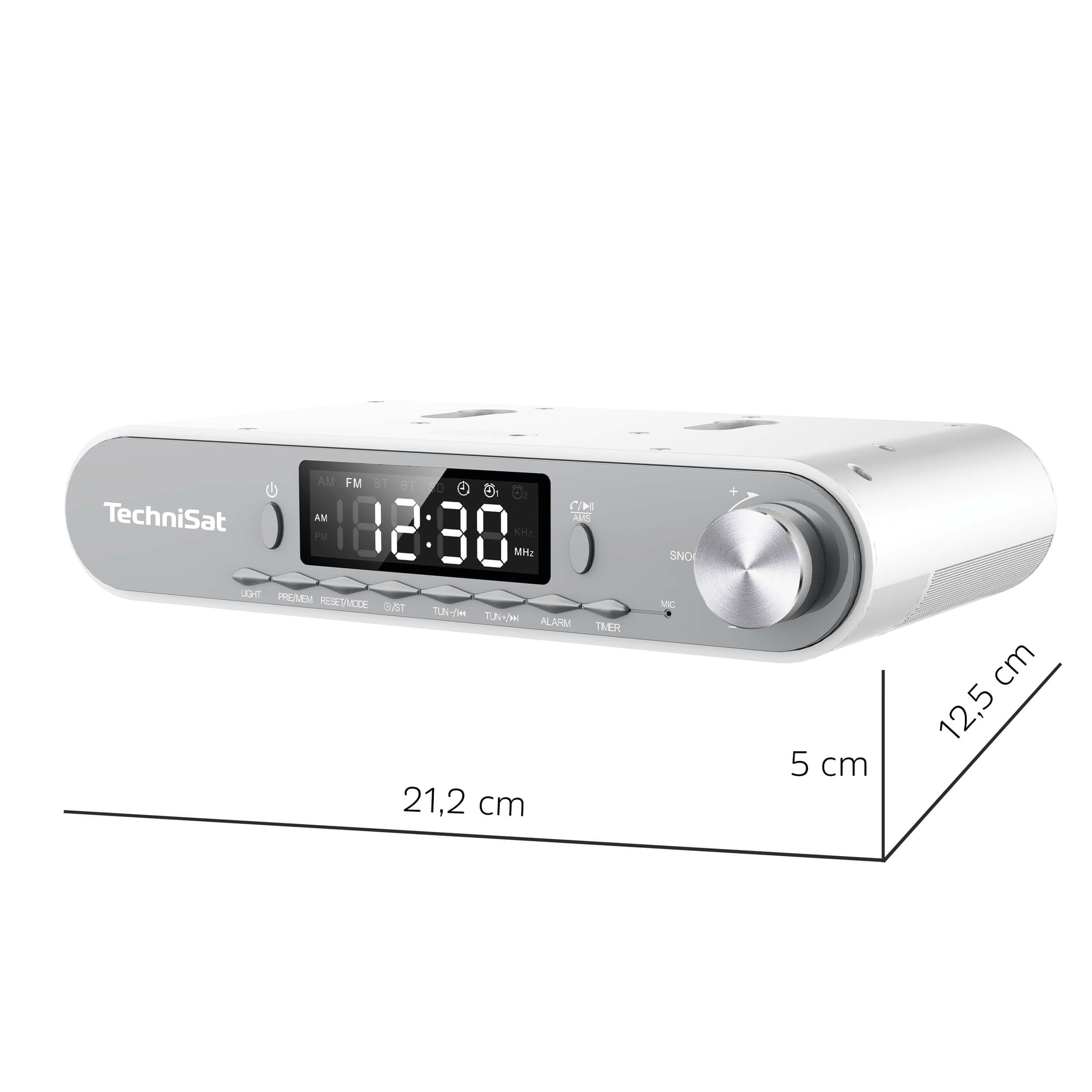 TechniSat Unterbauradio in Weiß mit silberner Front, Display und Lautstärkeregler. Abmessungen: 21,2 x 5 x 12,5 cm.