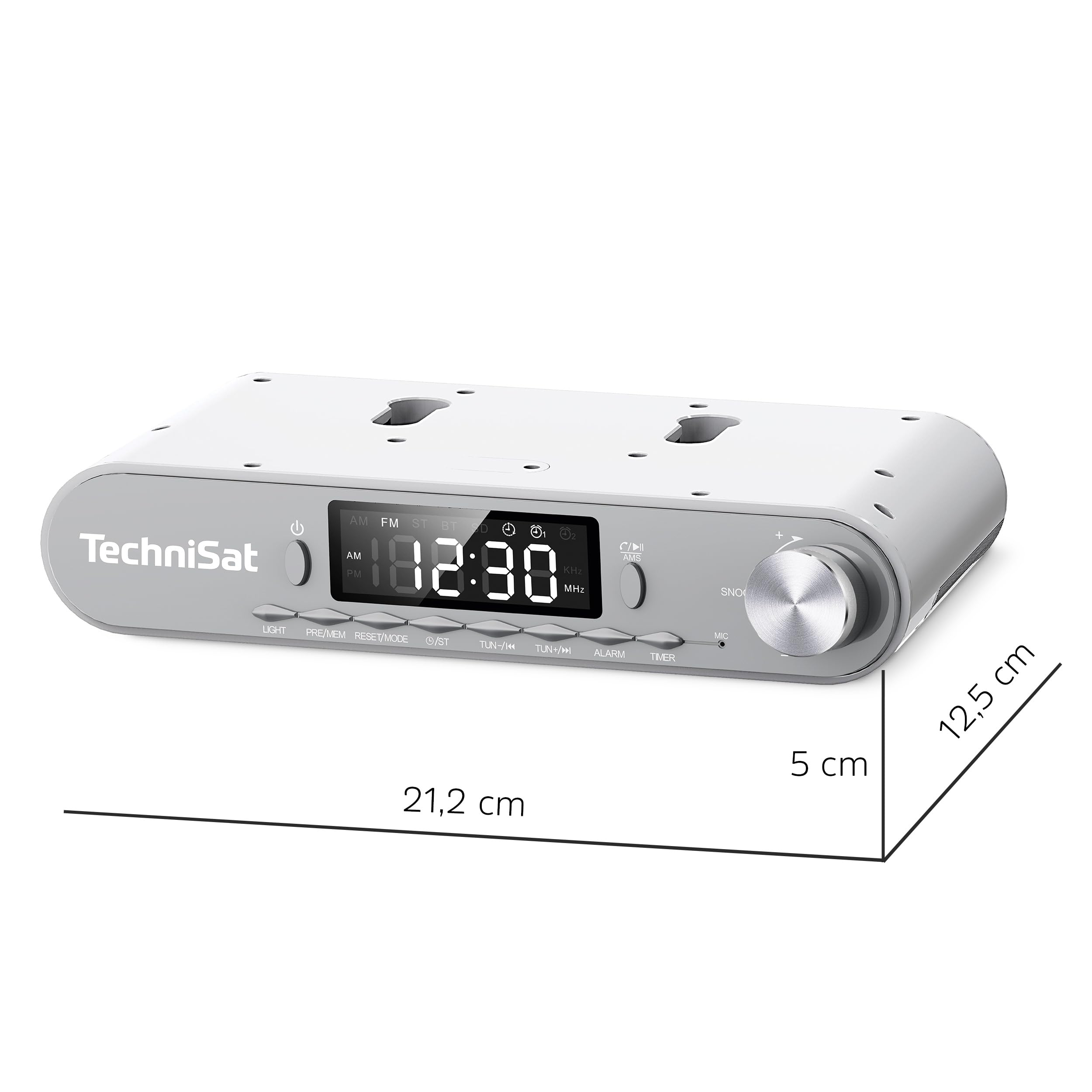 TechniSat Radio mit digitalem Display und Maßen 21,2 x 5 x 12,5 cm.