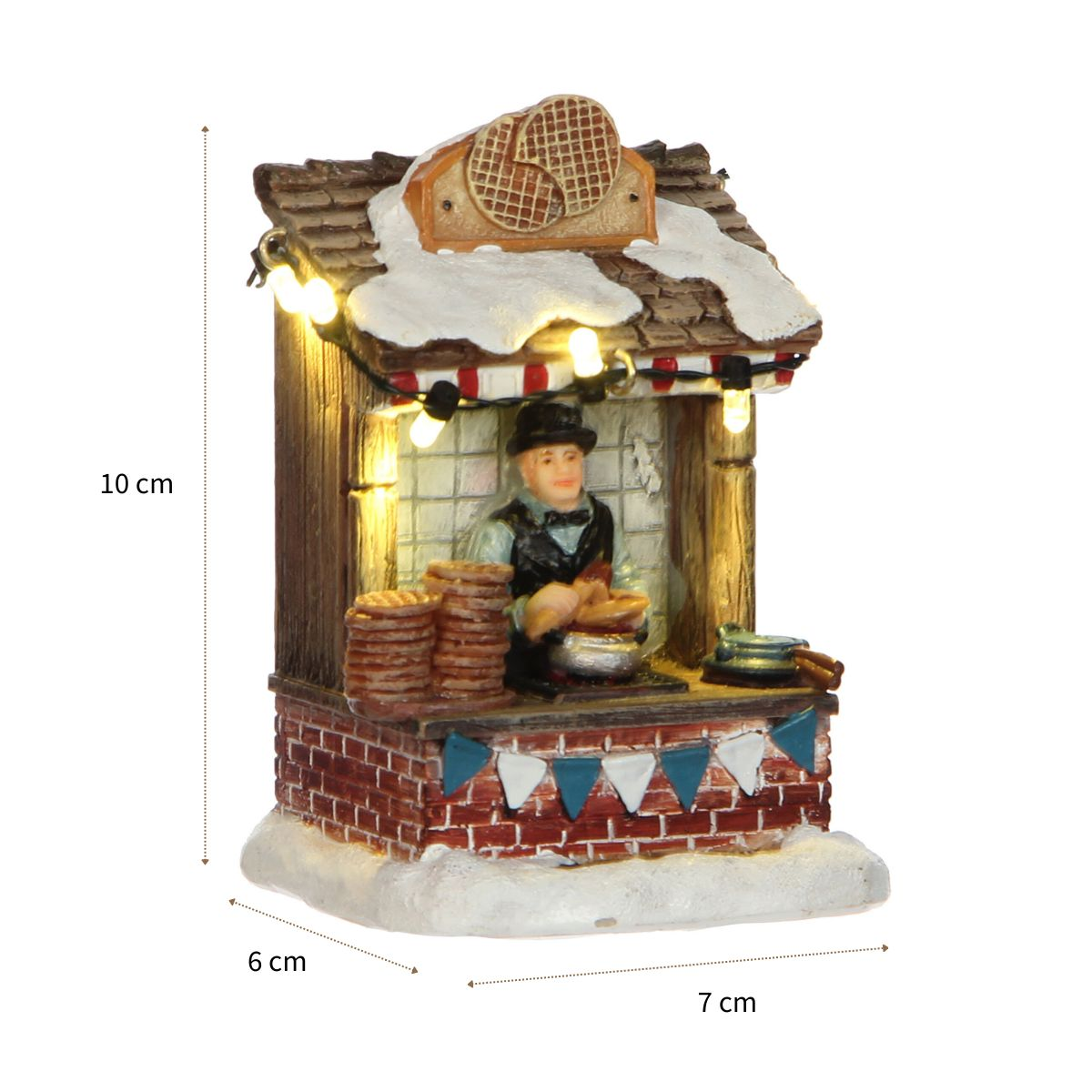 Stand de gaufres miniature avec vendeur dans la neige, éclairé, 10x7x6 cm.