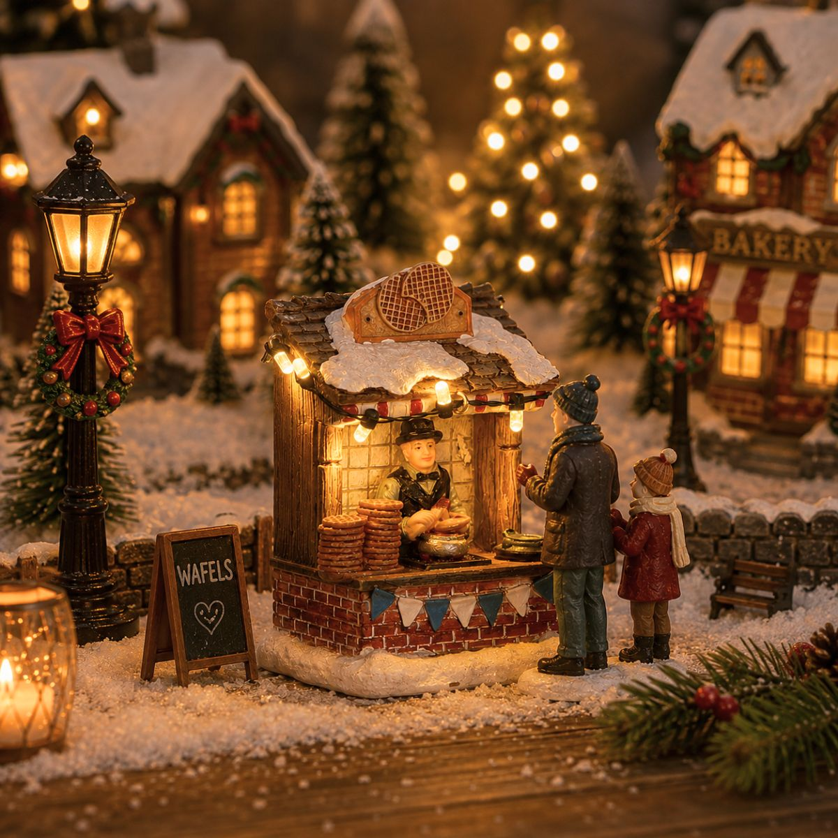 Scène de village de Noël illuminé avec stand de gaufres, père et enfant, maisons enneigées et sapins.