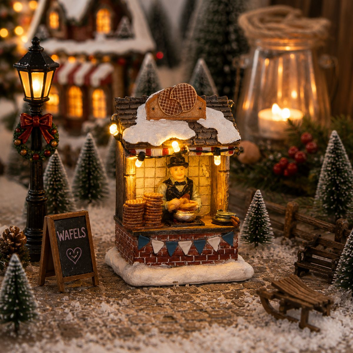 Miniature de stand de gaufres illuminée dans la neige avec panneau et arbres.