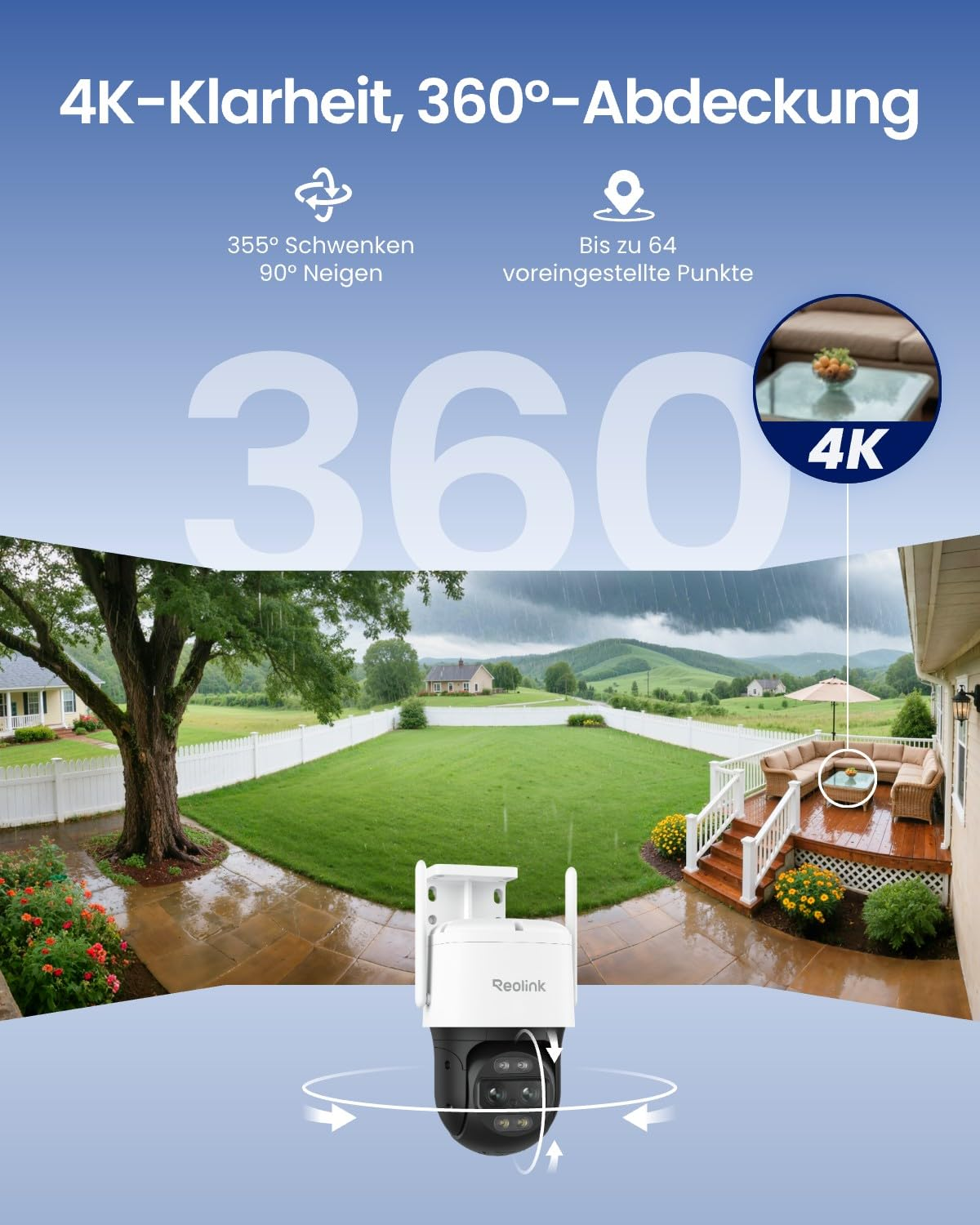 Image promotionnelle d'une caméra de sécurité Reolink 4K avec une couverture à 360 degrés.