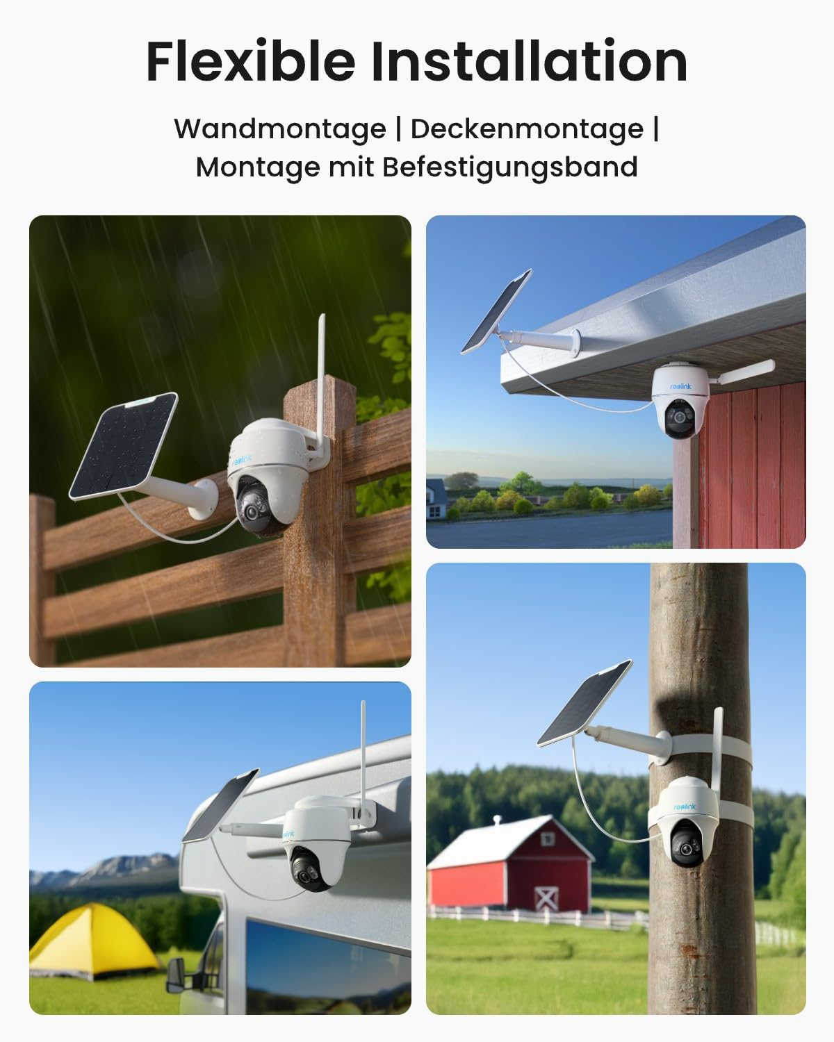 Quattro immagini che mostrano l'installazione flessibile di telecamere di sicurezza su recinzioni, tetti e pali.