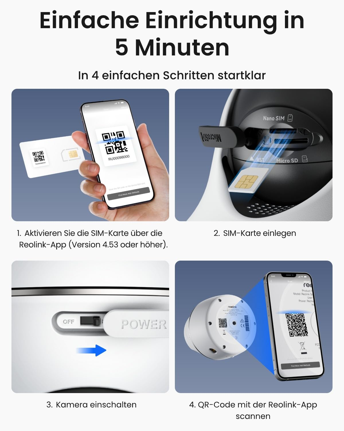 Una guida in quattro passaggi per configurare una telecamera Reolink utilizzando una scheda SIM e un'app.