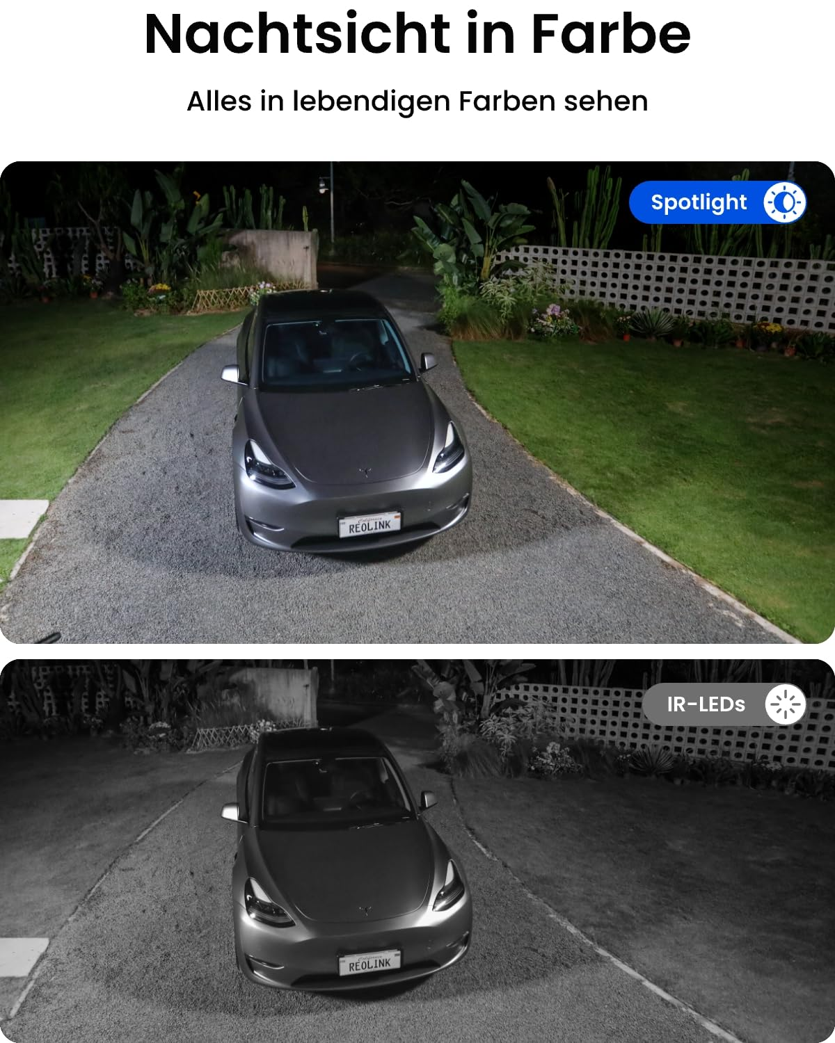 Confronto di due modalità di visione notturna con un'auto grigia su un vialetto pavimentato di notte.