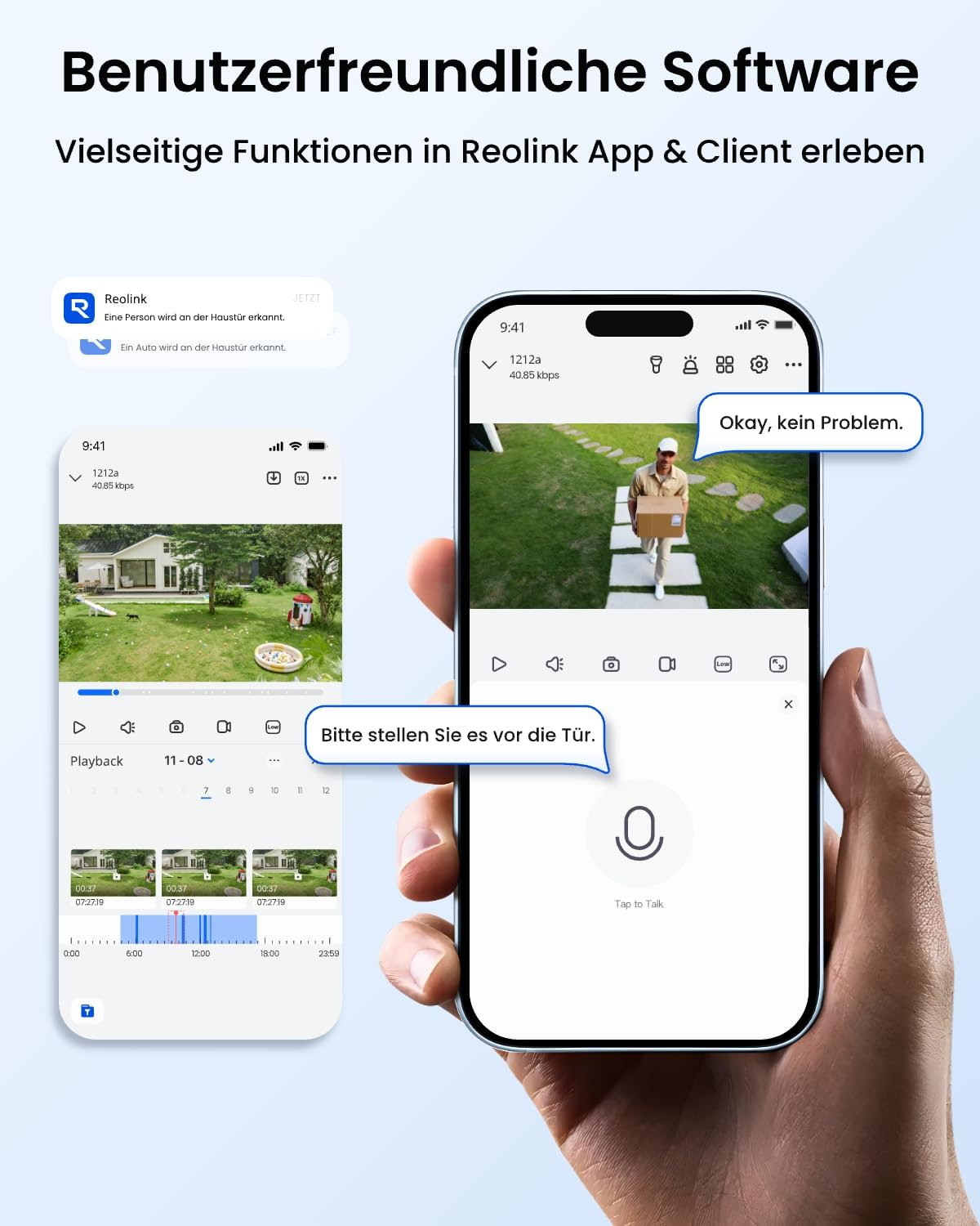 Mano che regge uno smartphone con l'app Reolink che mostra videosorveglianza e audio.