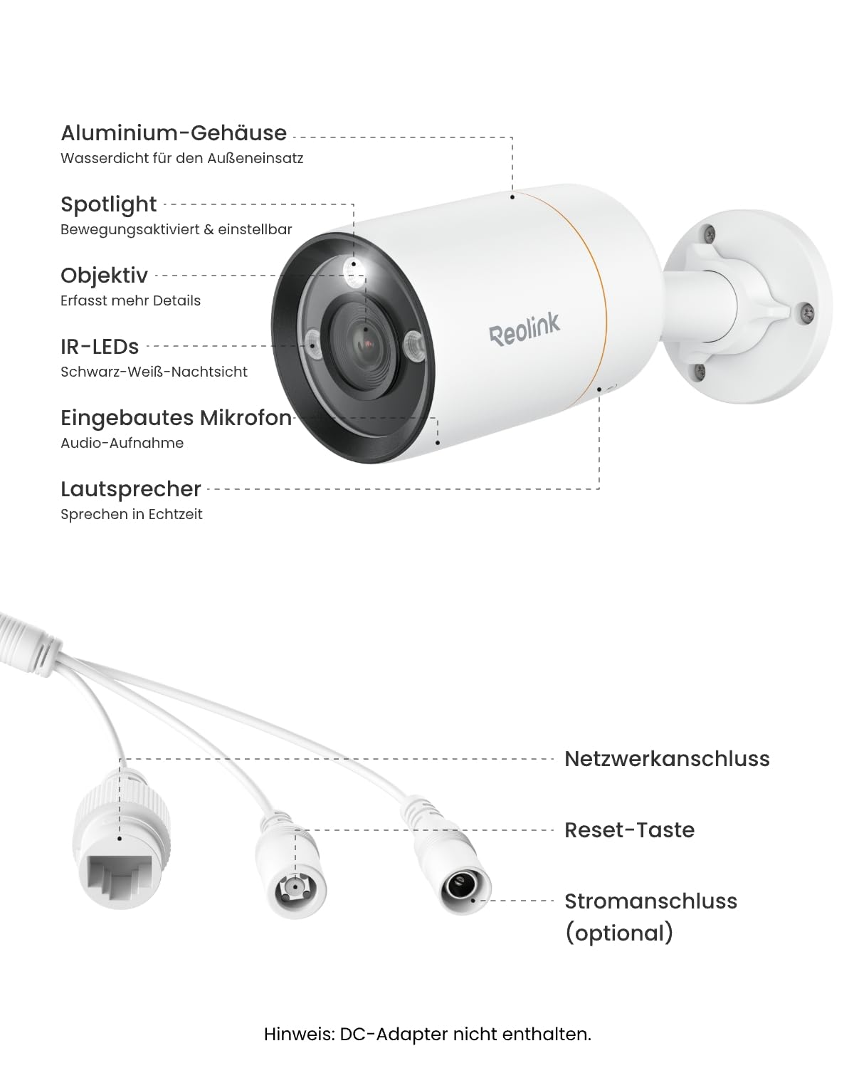 Schema di una telecamera di sicurezza Reolink con componenti etichettati.