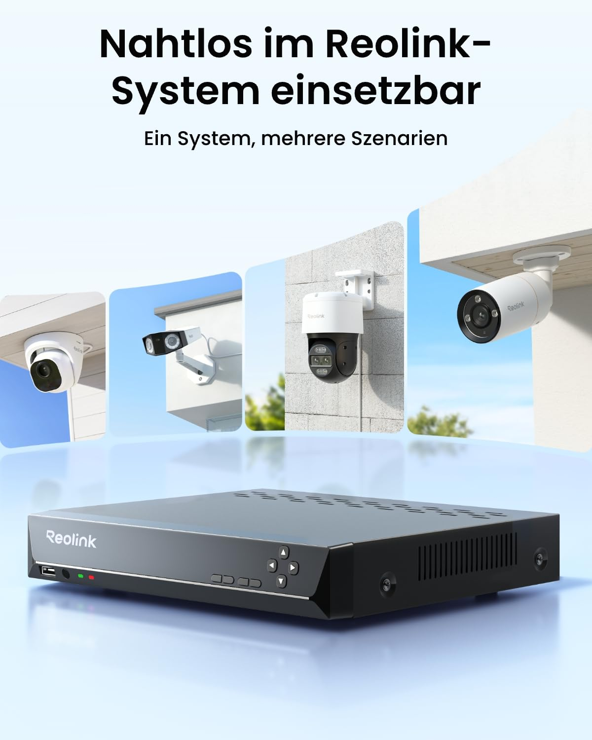 Dispositivo NVR Reolink in basso, con varie telecamere di sicurezza montate sopra.