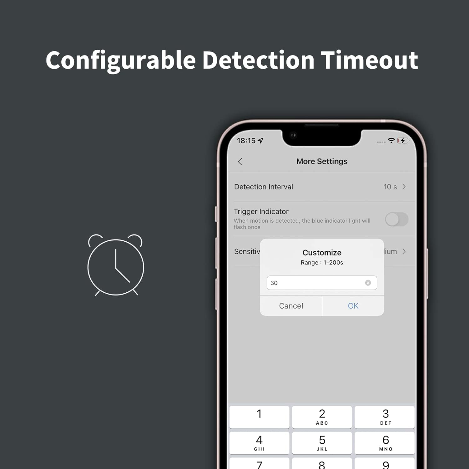 Smartphone zeigt App-Einstellungen für Konfigurierbare Erkennungszeitdauer mit Anpassungsoption.