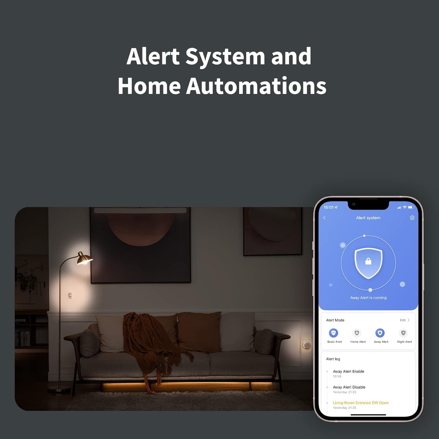 Smartphone mit einer Heim-Sicherheits-App und aktivem Alarmsystem vor einem beleuchteten Wohnzimmer.