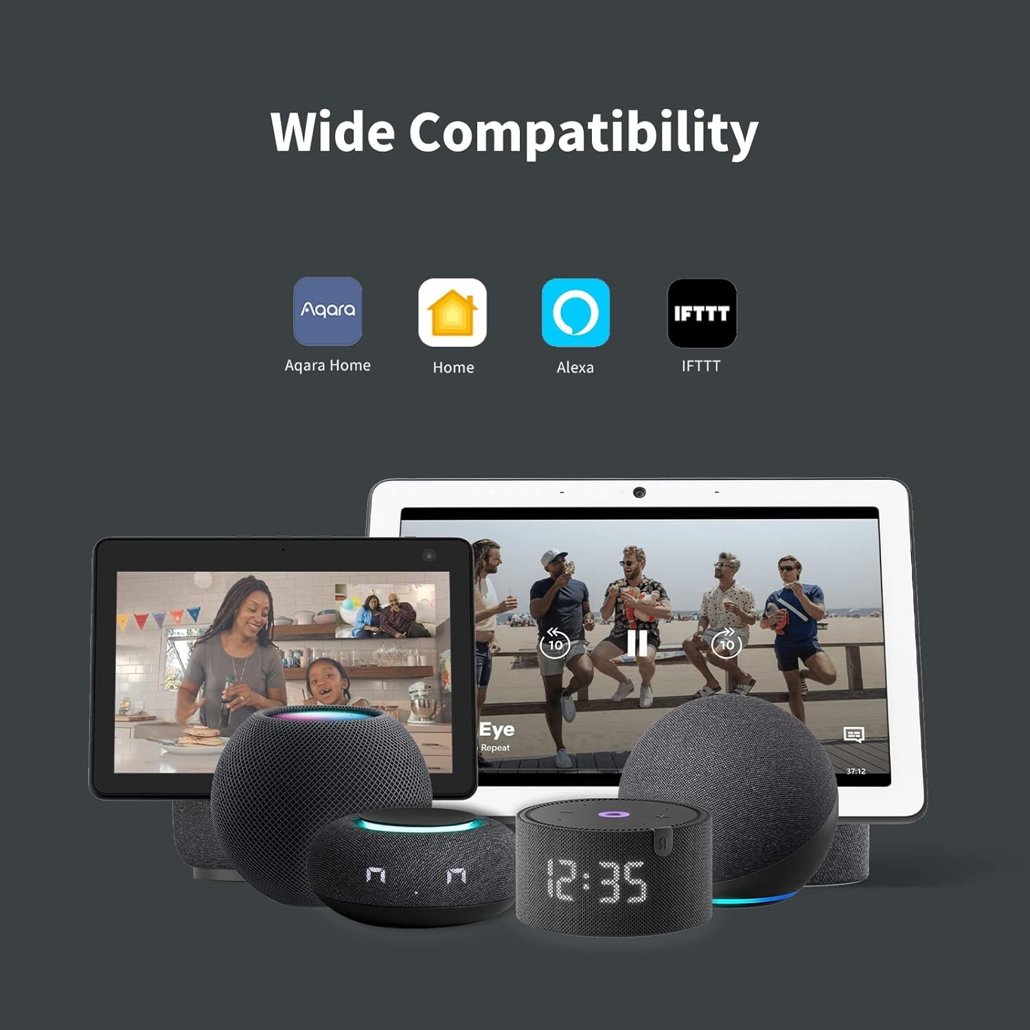 Smart-Home-Geräte mit Displays und Lautsprechern, kompatibel mit Aqara, Apple Home, Alexa und IFTTT.