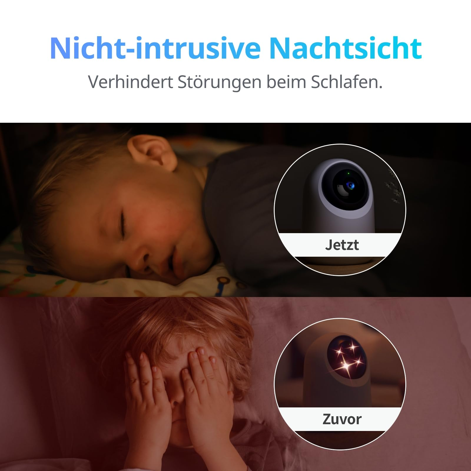 Confronto di un bambino che dorme pacificamente con la telecamera ora e disturbato prima con luce rossa.