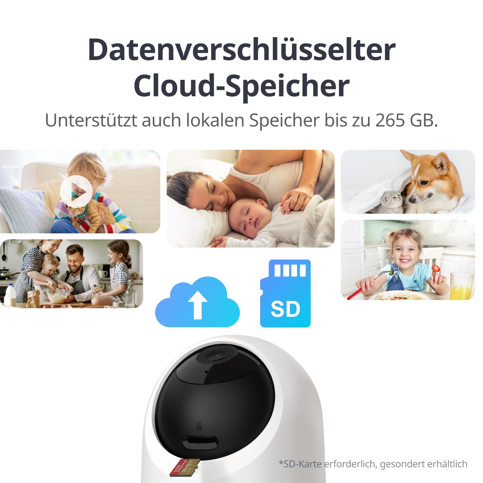Telecamera di sicurezza con cloud, slot SD e immagini di famiglia e animali domestici.