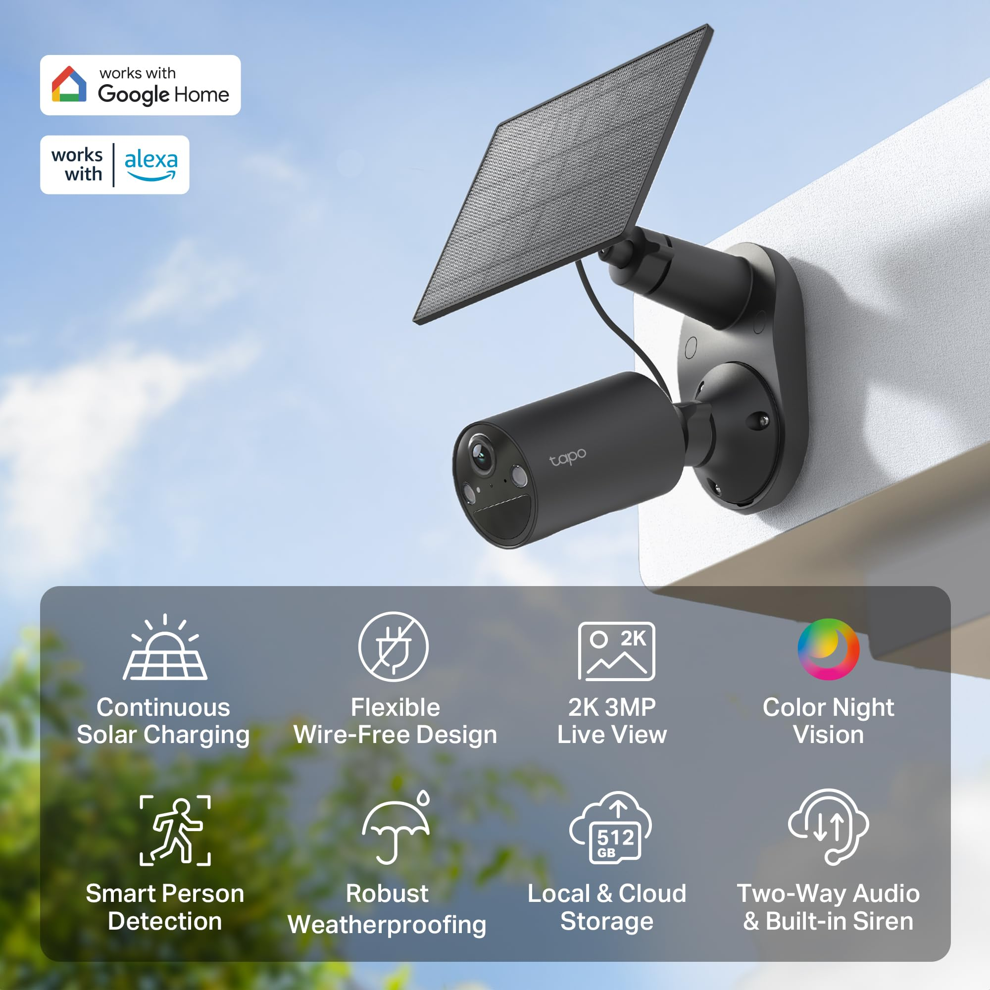 Telecamera di sicurezza impermeabile con pannello solare, live 2K, visione notturna a colori e rilevamento.