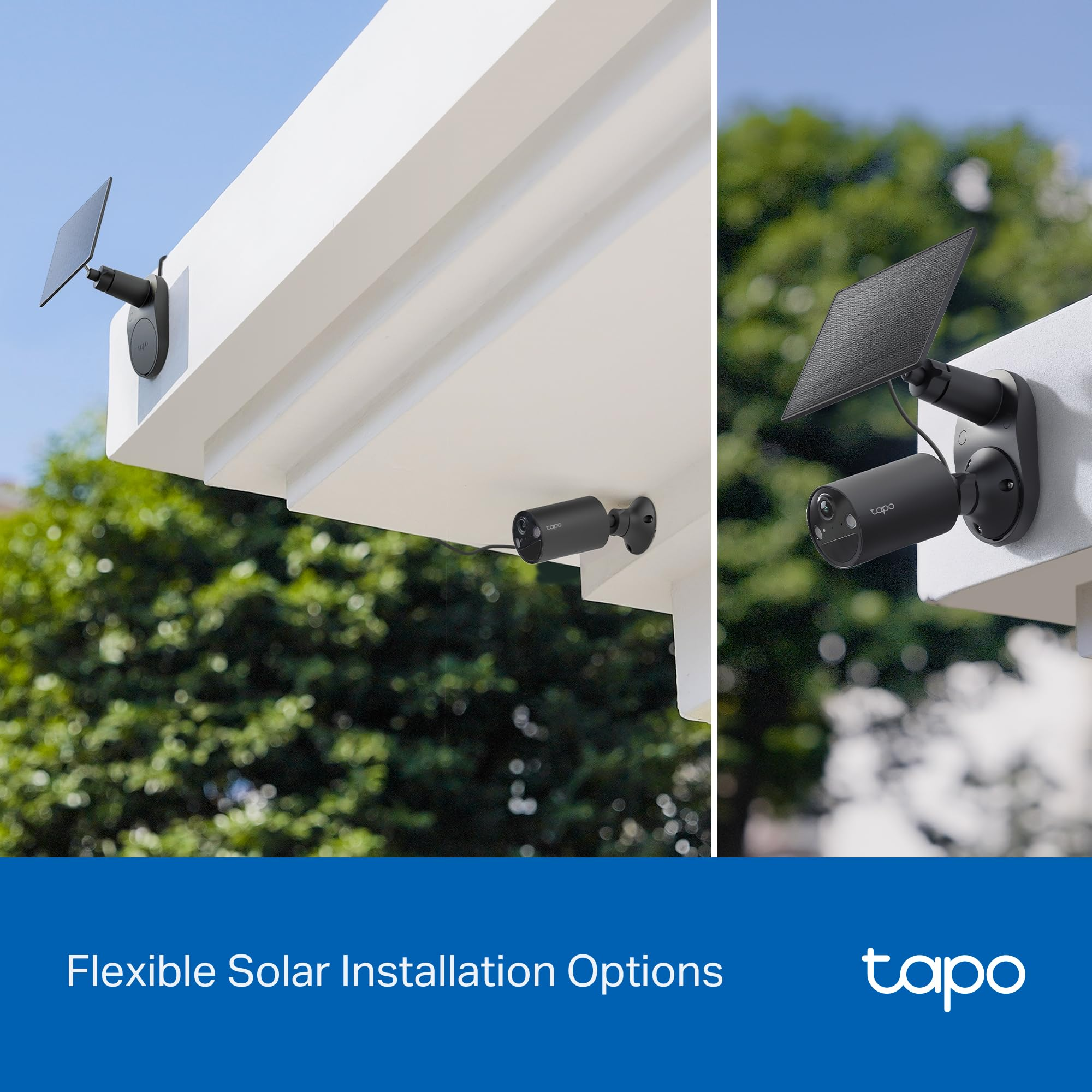 Pannello solare e telecamera di sicurezza montati su una parete bianca.
