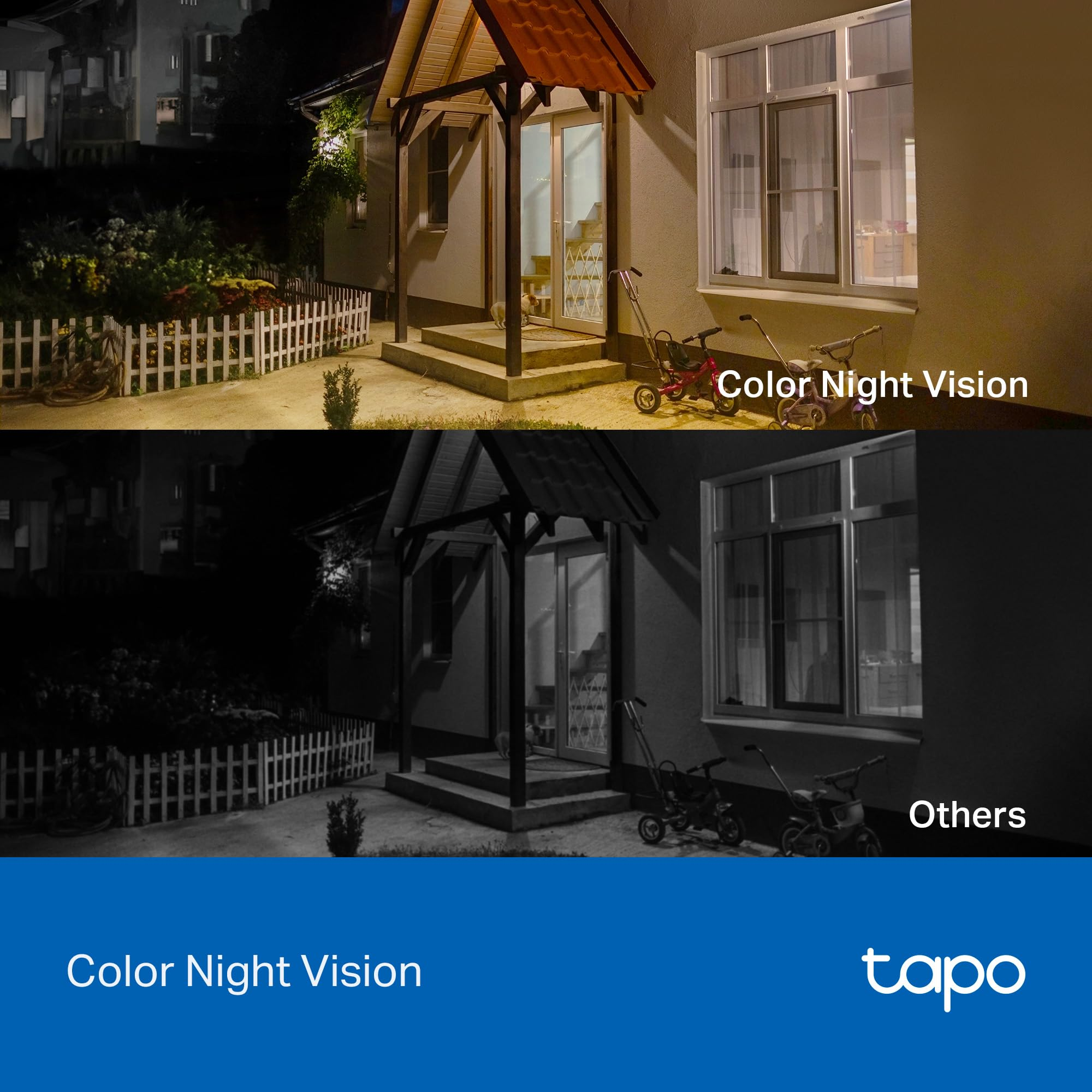 Confronto di due immagini notturne di una casa a colori e in bianco e nero.