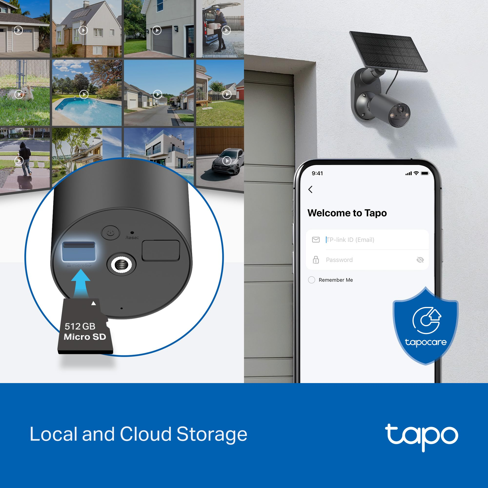 Telecamera di sicurezza solare con app e scheda micro SD.