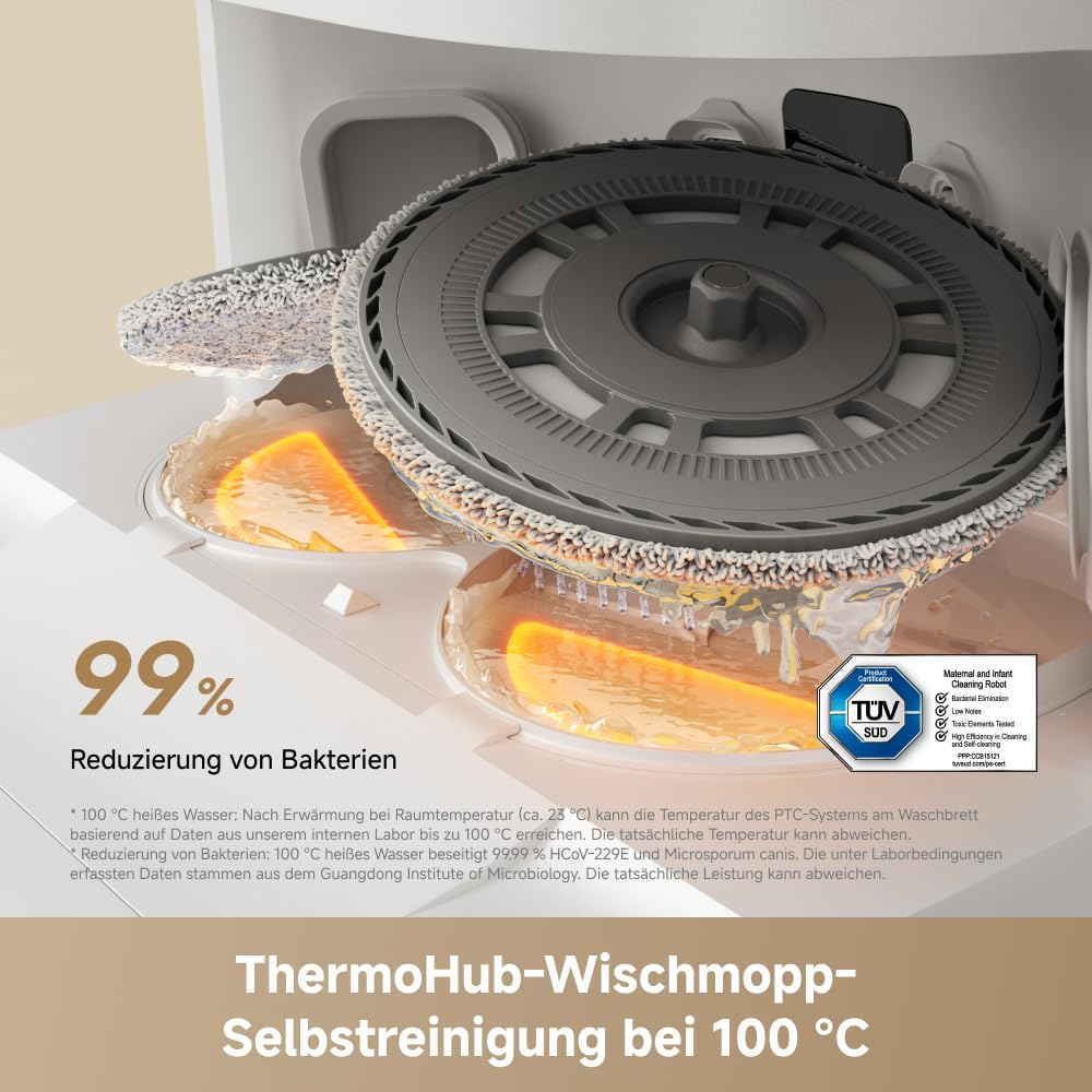 Samooczyszczanie mopa ThermoHub w temperaturze 100 °C z redukcją bakterii o 99%.