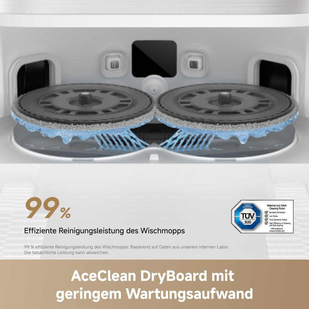 Dwa wkłady mopa robota spryskiwane wodą w białej stacji czyszczącej, z niemieckim tekstem promocyjnym.