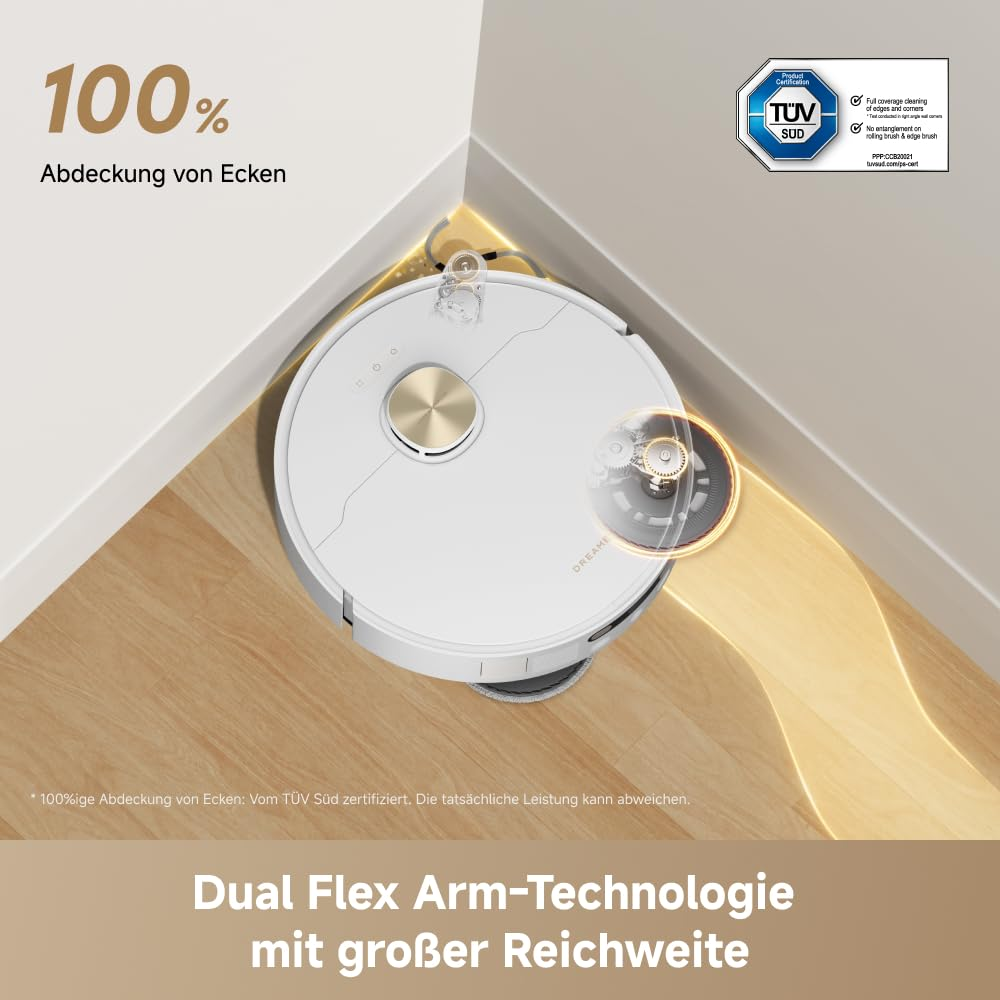 Biały odkurzacz automatyczny czyści narożnik pokoju w technologii Dual Flex Arm.