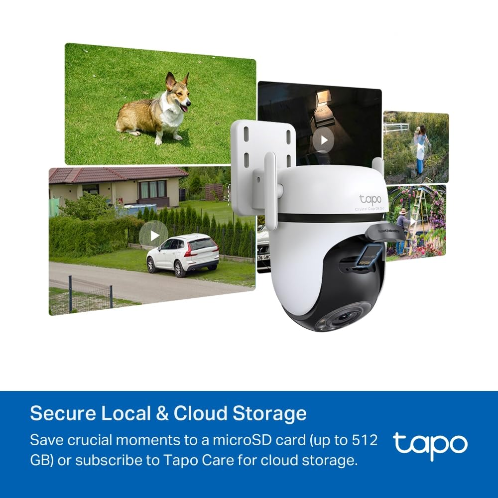 Telecamera di sicurezza Tapo bianca con slot microSD aperto, circondata da schermate fluttuanti all'aperto.