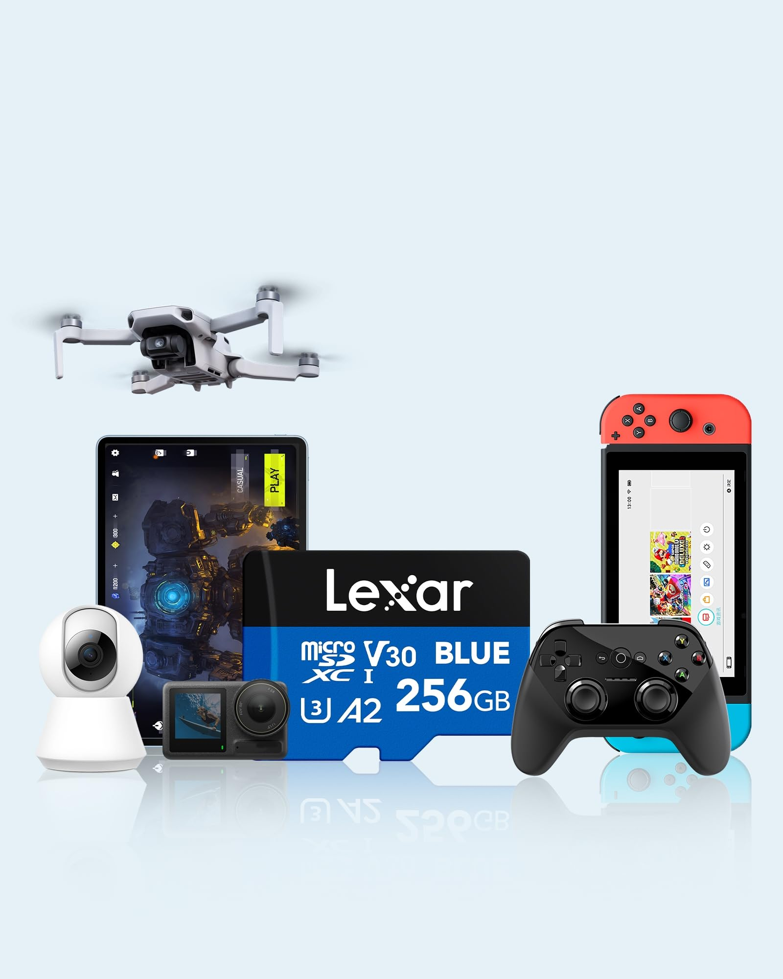 Divers gadgets technologiques comme un drone, une tablette, une carte mémoire, une caméra d'action et une console.