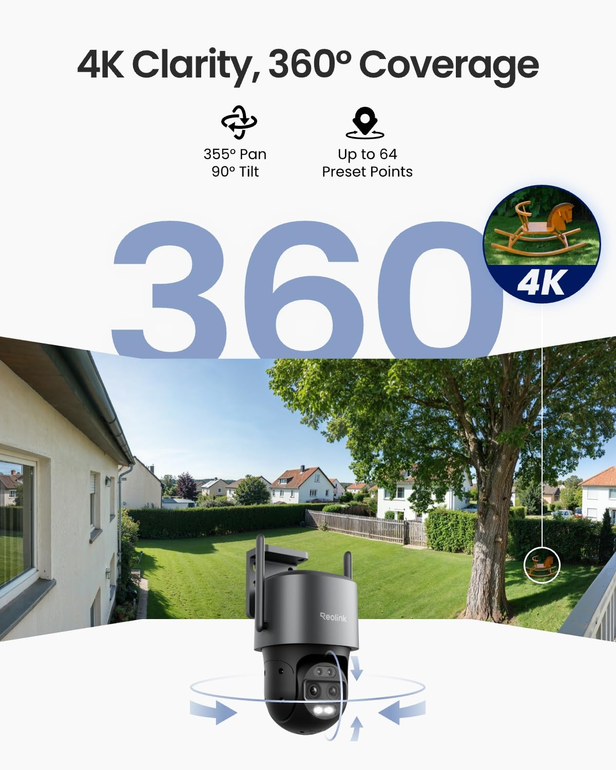 Una telecamera di sicurezza che si affaccia su un cortile verde, con chiarezza 4K e copertura a 360 gradi.