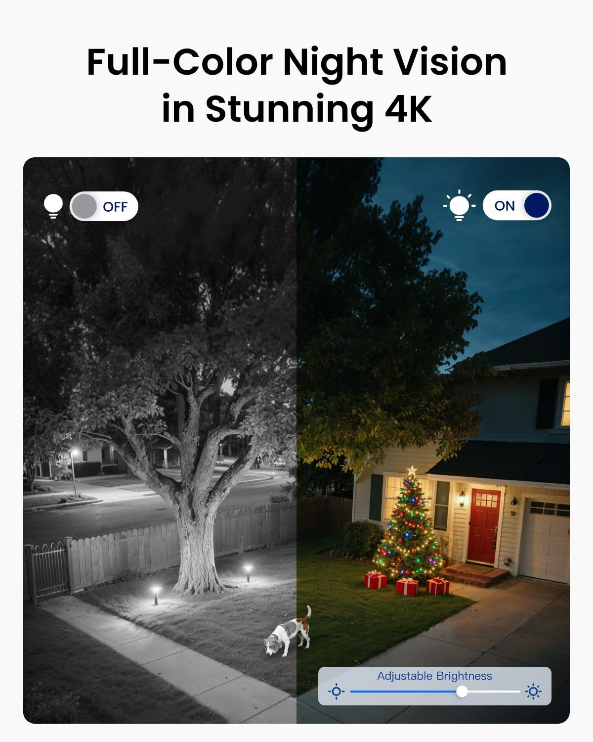 Confronto tra visione notturna in bianco e nero e a colori 4K fuori da una casa con albero.