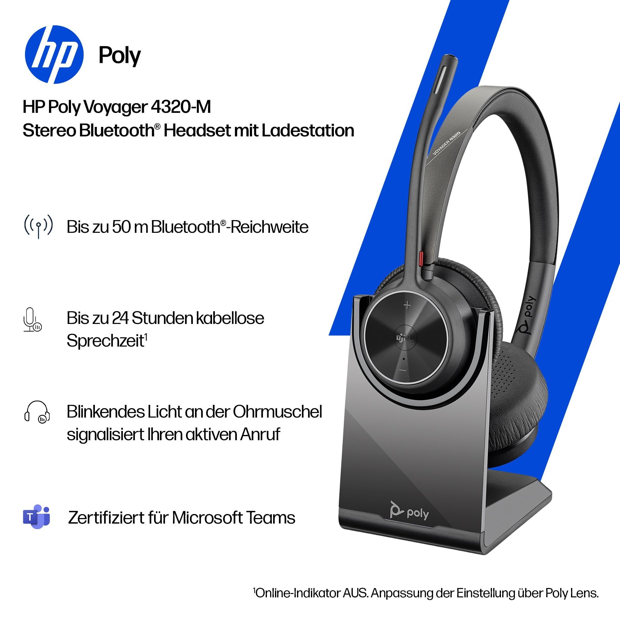 HP Poly Voyager 4320-M Stereo Bluetooth Headset mit Ladestation auf blauem Hintergrund mit deutschen Texten.