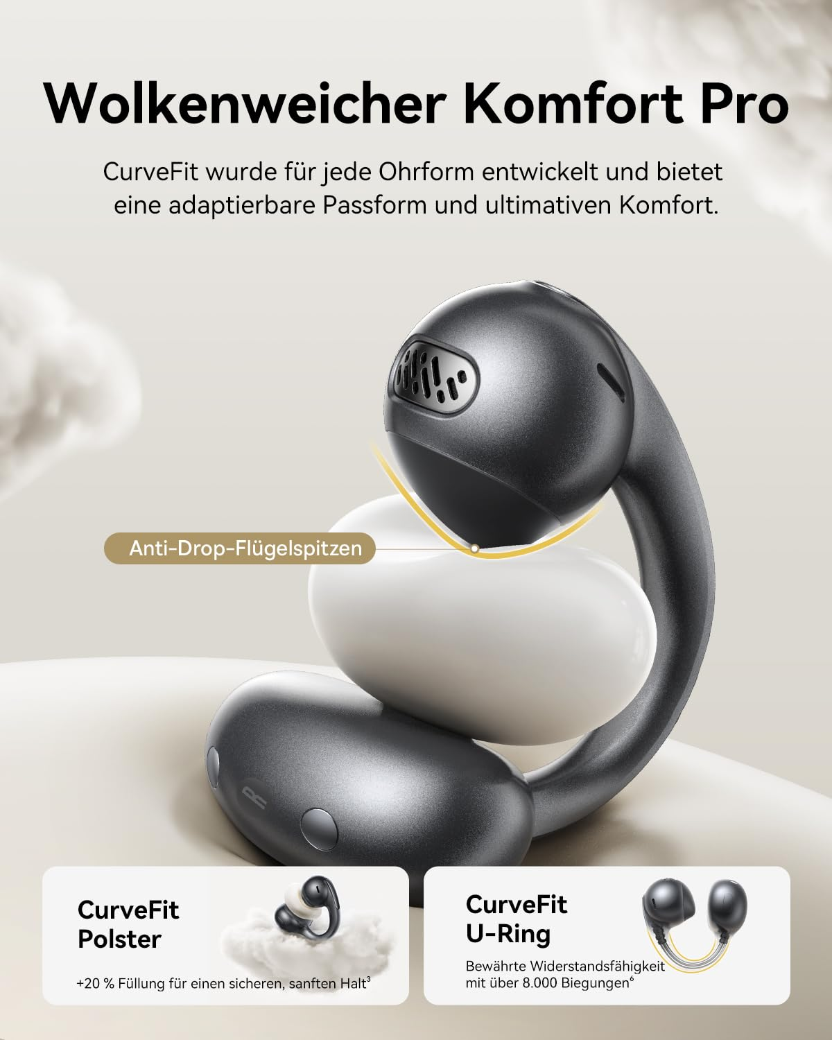 Immagine promozionale di comodi auricolari in-ear grigi con design ad anello a U e cuscinetti morbidi.
