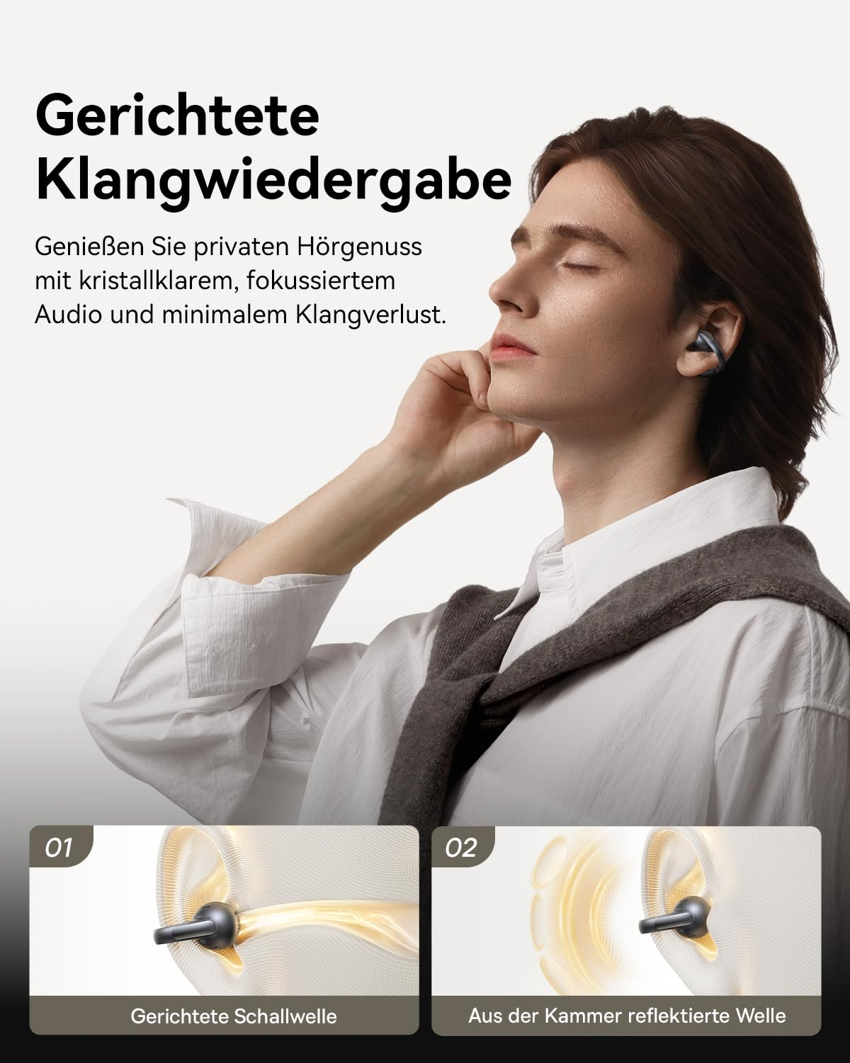 Un uomo con auricolari open-ear ascolta musica, con grafiche che mostrano onde sonore dirette.
