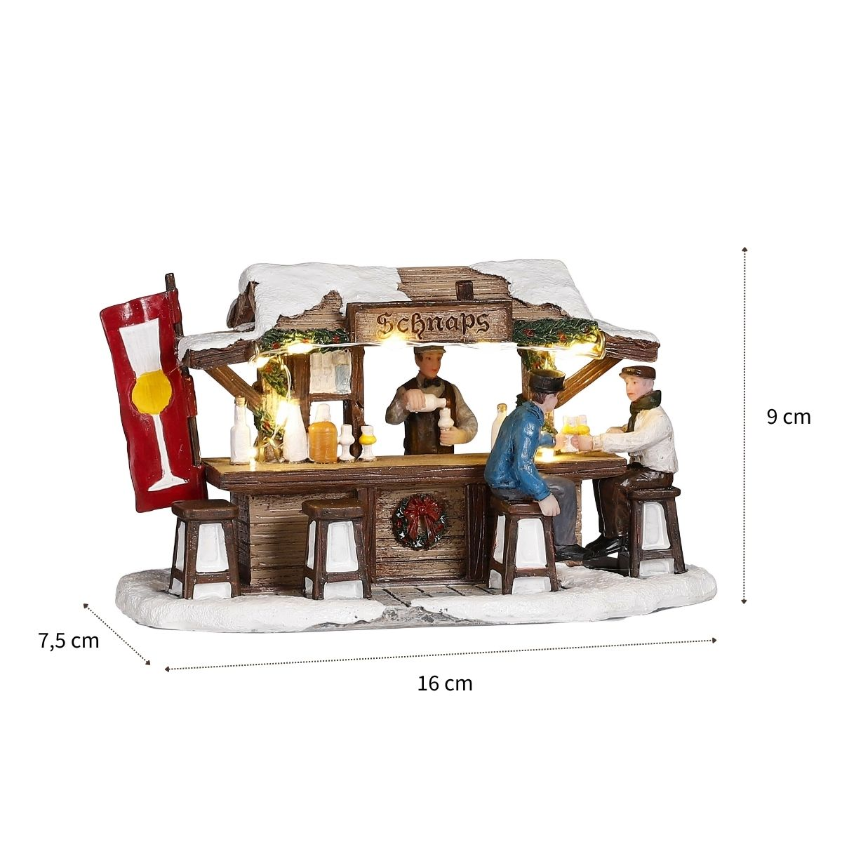 Un stand de schnaps enneigé avec figurines et lumières, 16x7,5x9 cm.