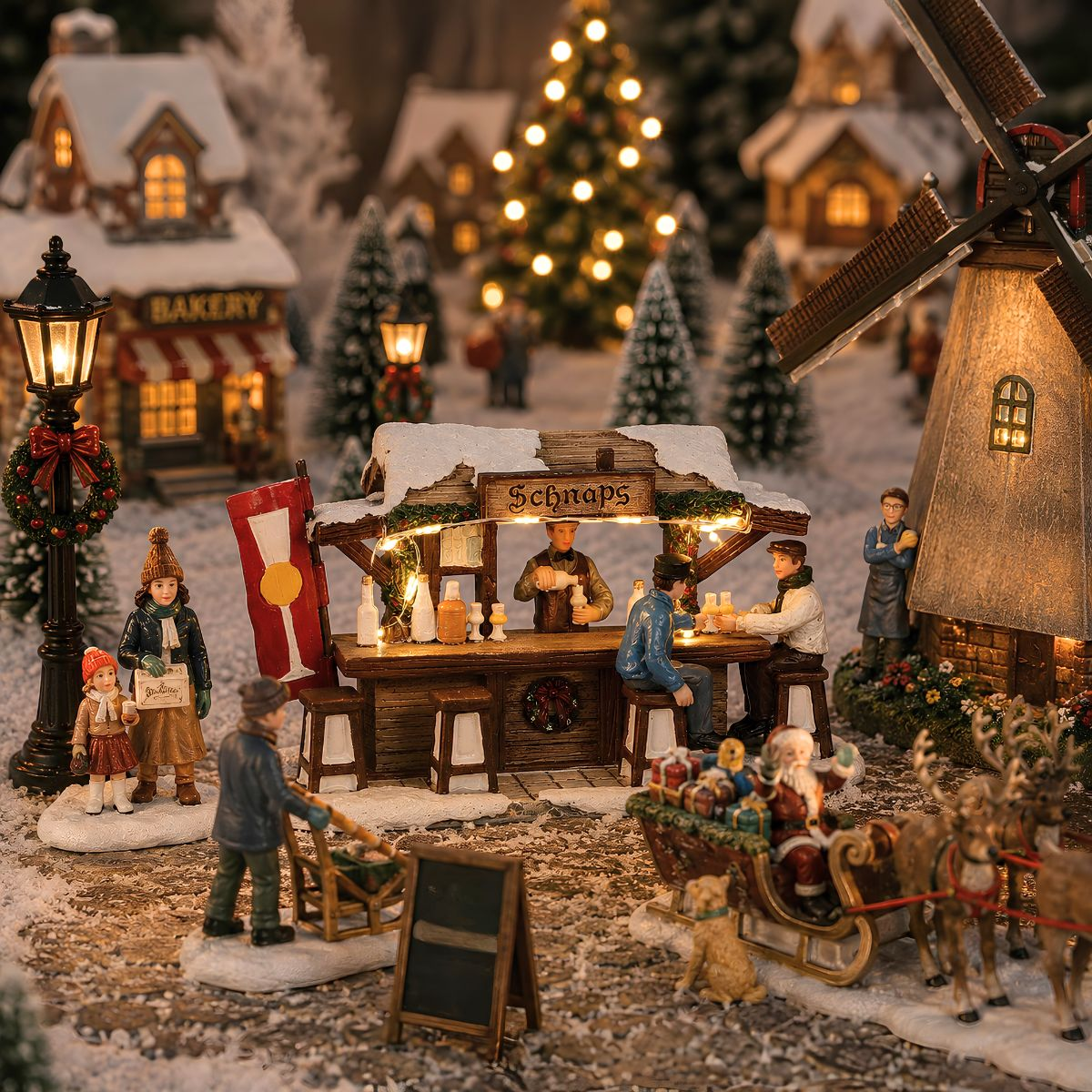 Scène de village de Noël miniature avec bar, moulin, figurines, maisons enneigées et traîneau.