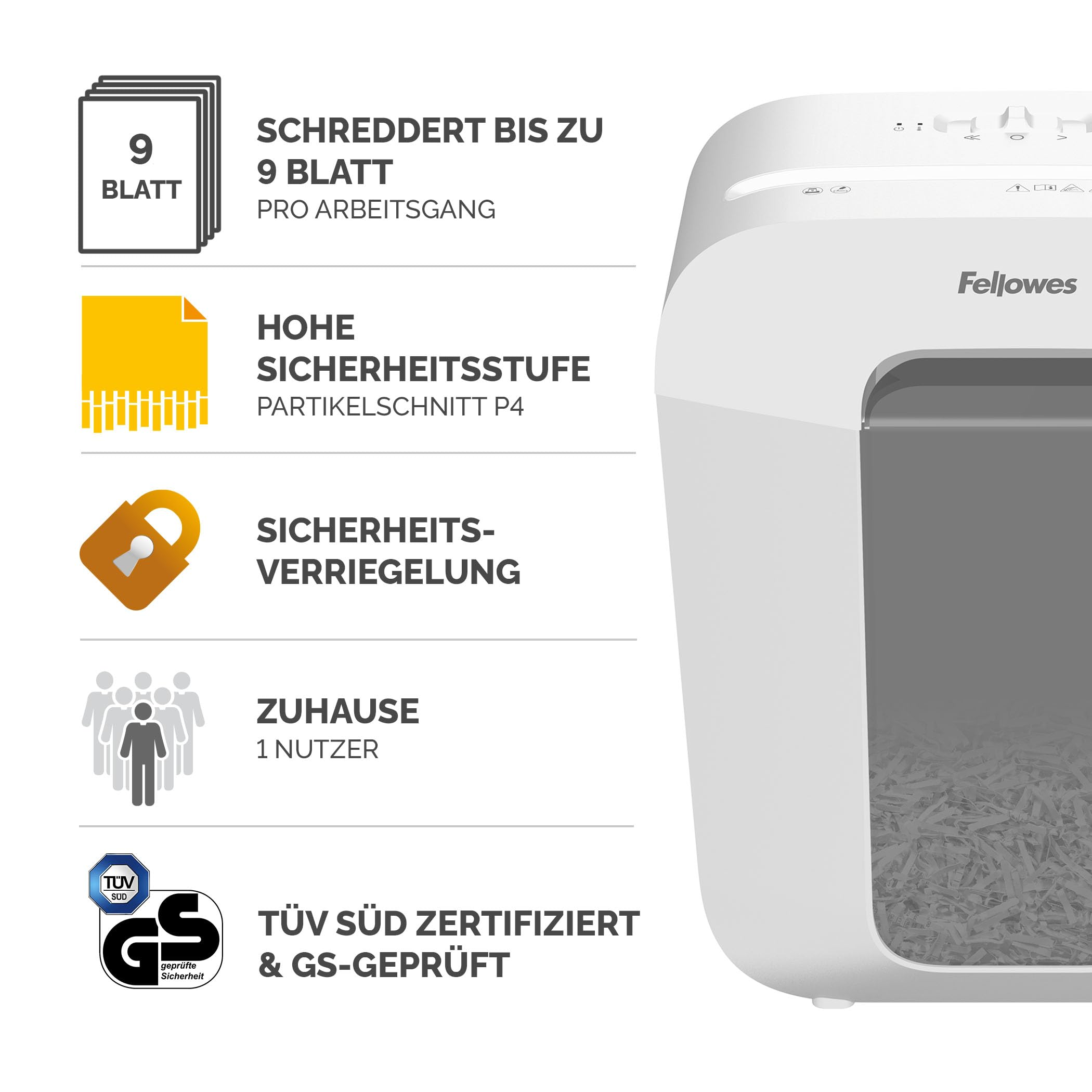 Fellowes Aktenvernichter mit Features wie 9 Blatt, P4 Schnitt, Sicherheitsschloss, für Zuhause und TÜV geprüft.
