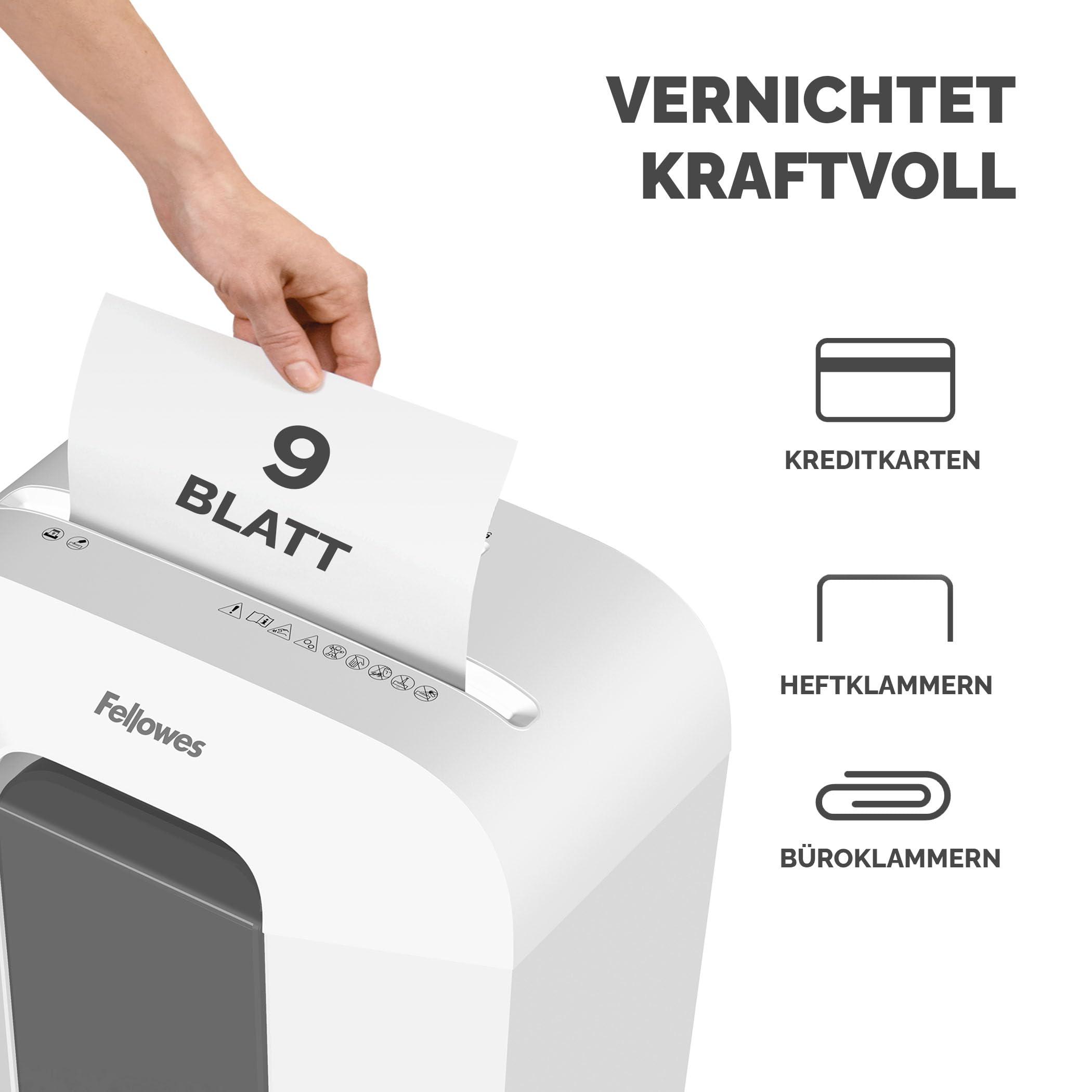 Hand führt Papier in weißen Fellowes Aktenvernichter ein, mit Icons für Kreditkarten, Heftklammern und Büroklammern.