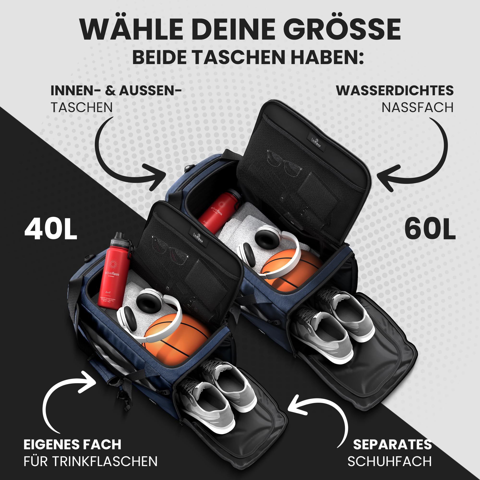 Vergleich von zwei blauen Sporttaschen in 40L und 60L mit Fächern für Flaschen, Schuhe und nasse Kleidung.