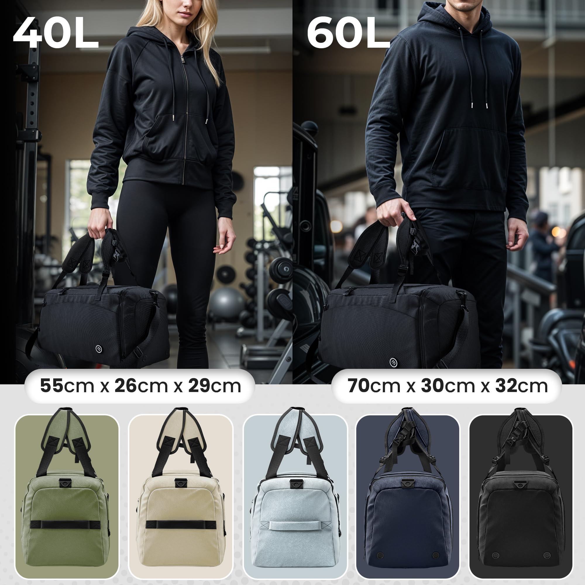 Zwei Personen halten schwarze Sporttaschen im Fitnessstudio, unten sind fünf verschiedene Farben und Maße gezeigt.