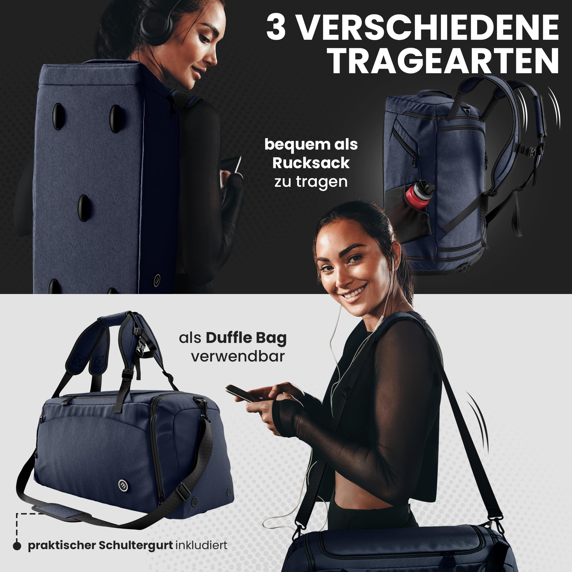 Eine Frau zeigt eine blaue Tasche, die als Rucksack, Duffle Bag und Umhängetasche genutzt werden kann, mit deutschem Text.