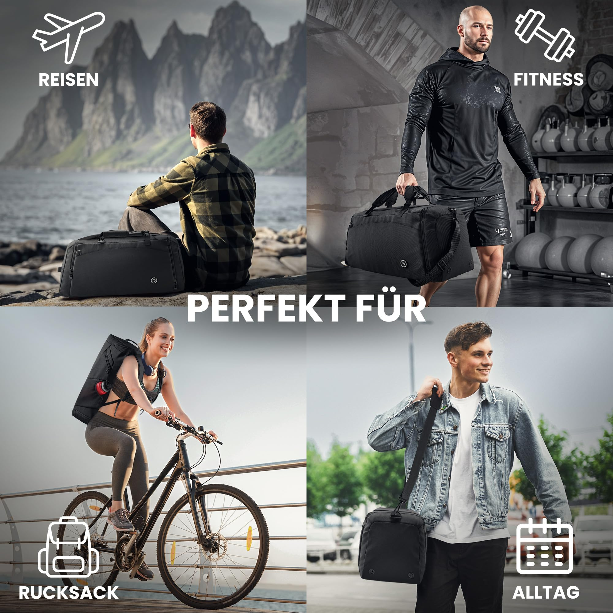 Vier Bilder zeigen eine schwarze Tasche beim Reisen, Fitness, Radfahren und Alltag.