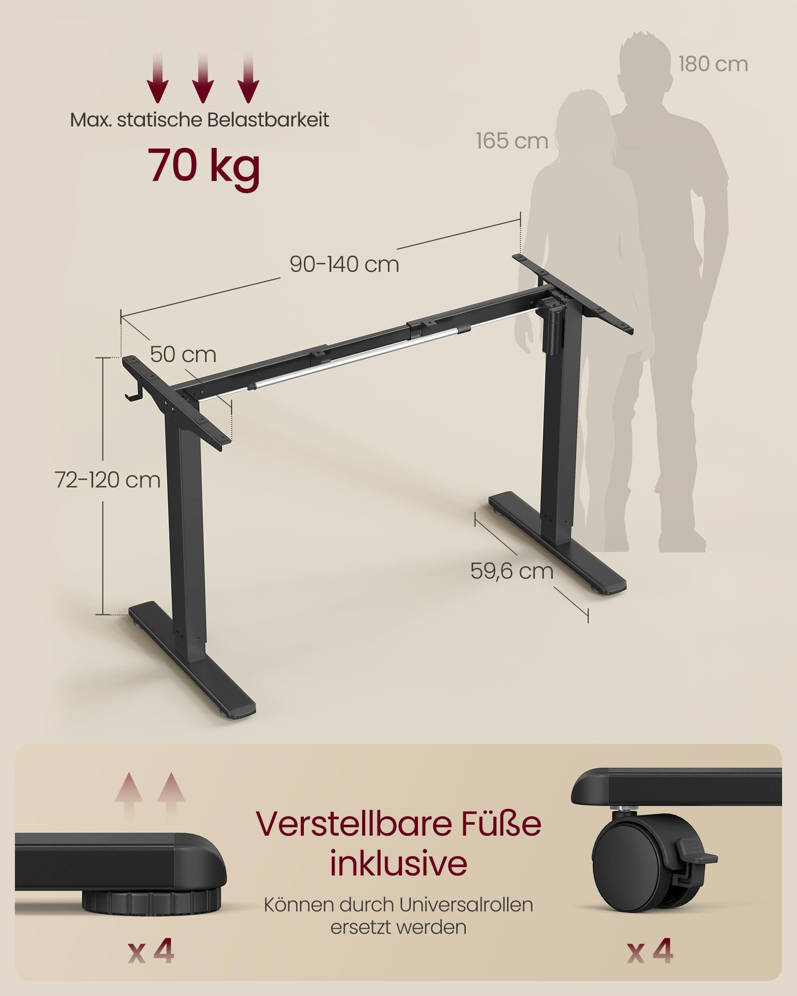 Schéma d'un cadre de bureau réglable noir avec dimensions et capacité de charge maximale de 70 kg.