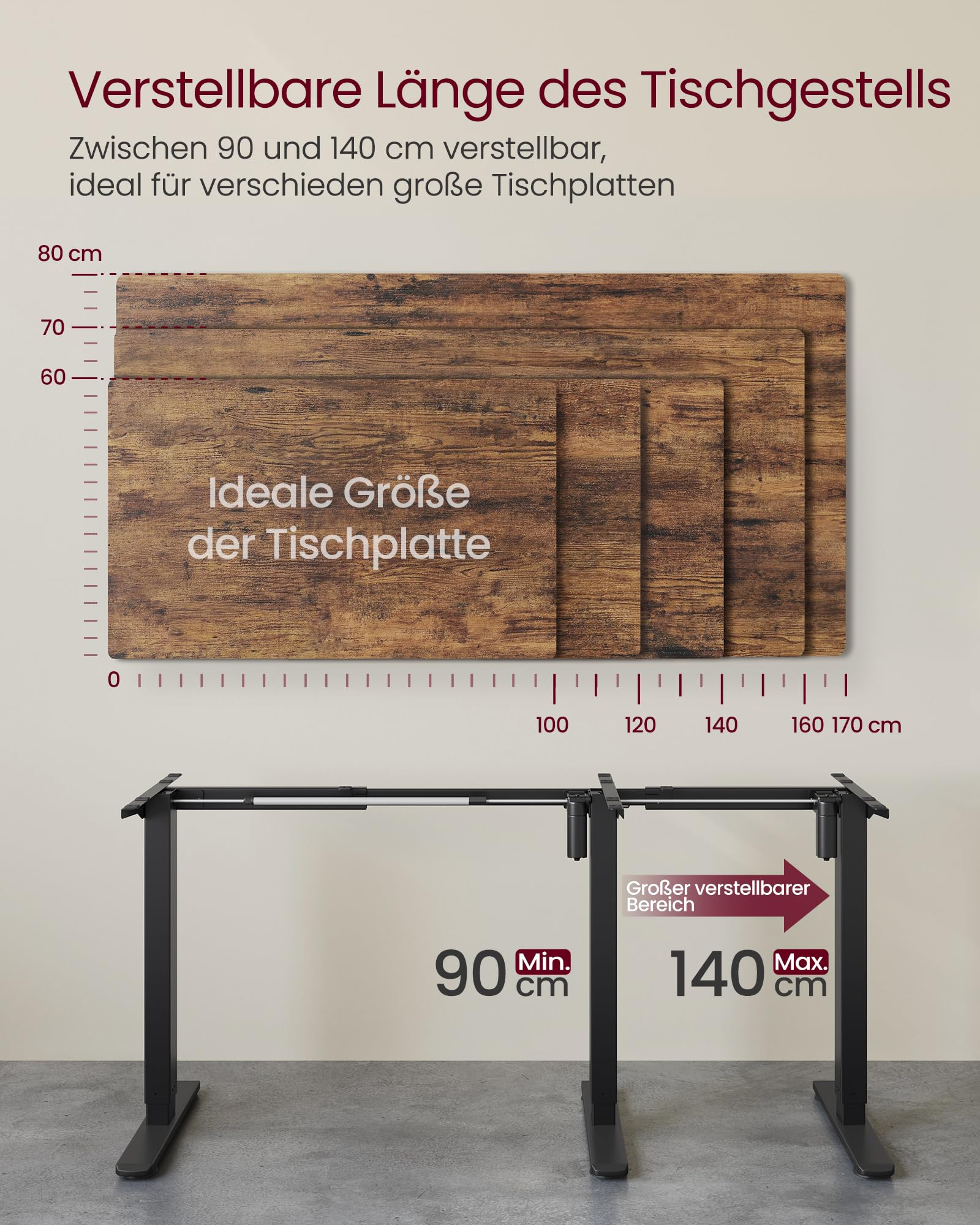 Le schéma montre la longueur réglable du cadre de bureau de 90 à 140 cm avec des plateaux en bois.