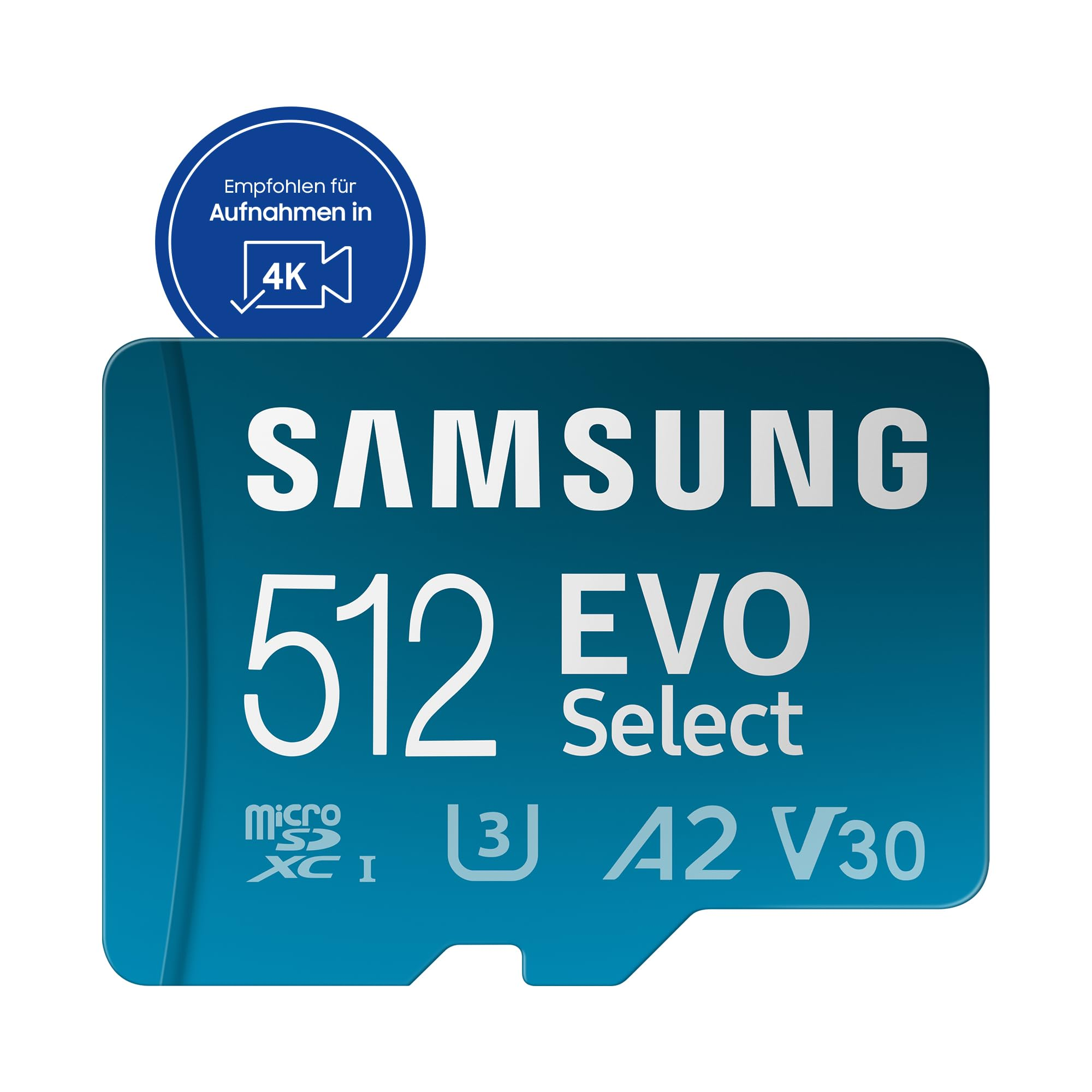 Une carte mémoire microSDXC Samsung EVO Select 512 Go sarcelle avec étiquette 4K.