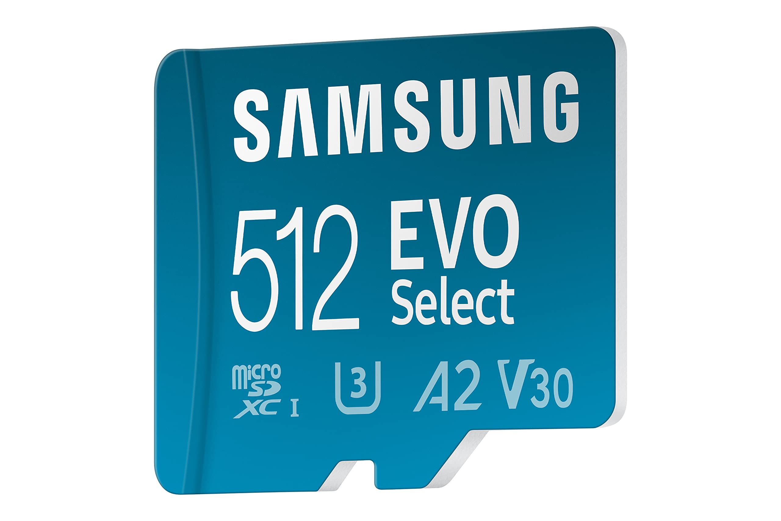 Une carte microSD bleue Samsung EVO Select 512 Go avec texte blanc indiquant la capacité et la vitesse.