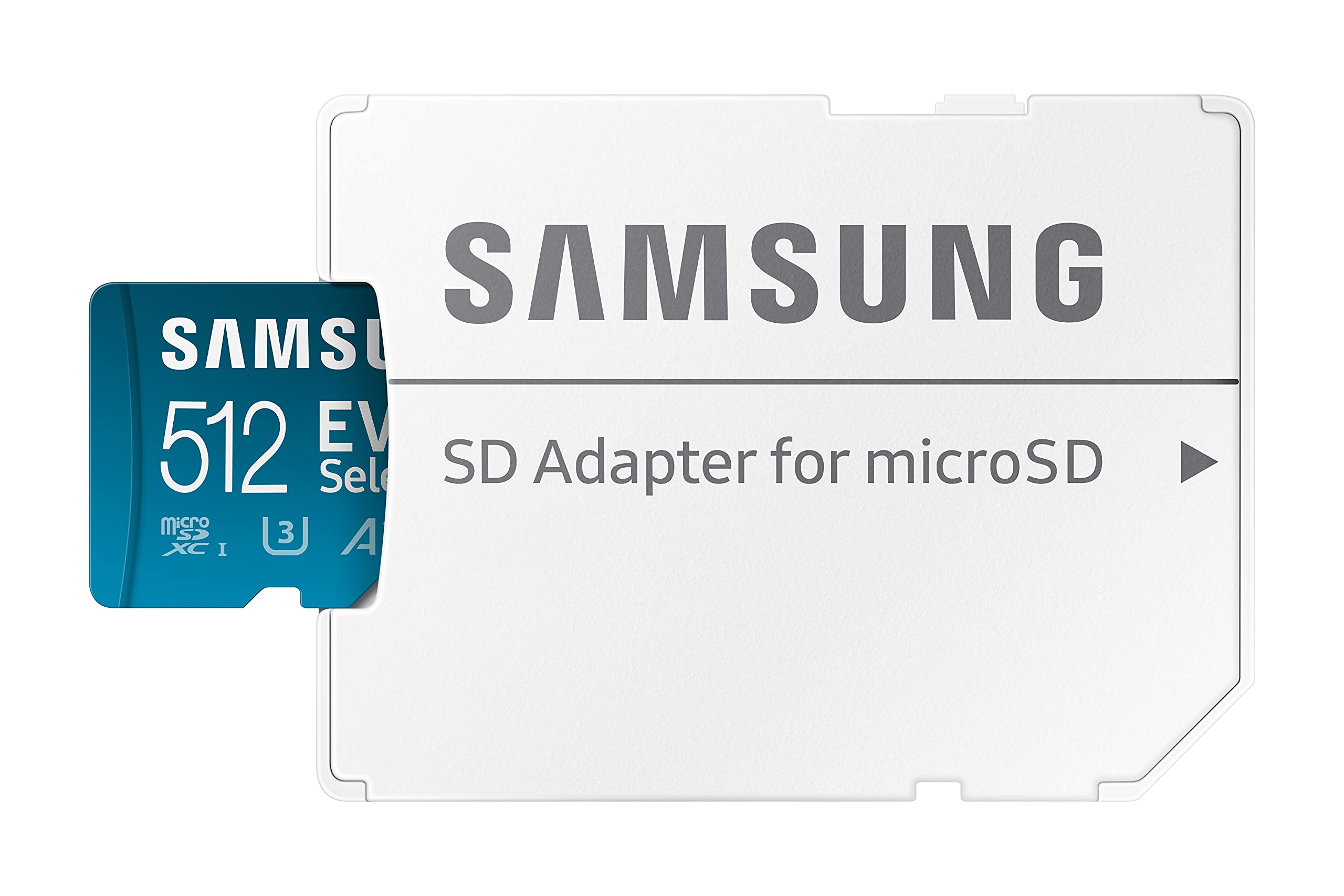 Une carte mémoire microSD Samsung de 512 Go bleue est partiellement insérée dans un adaptateur SD Samsung blanc.