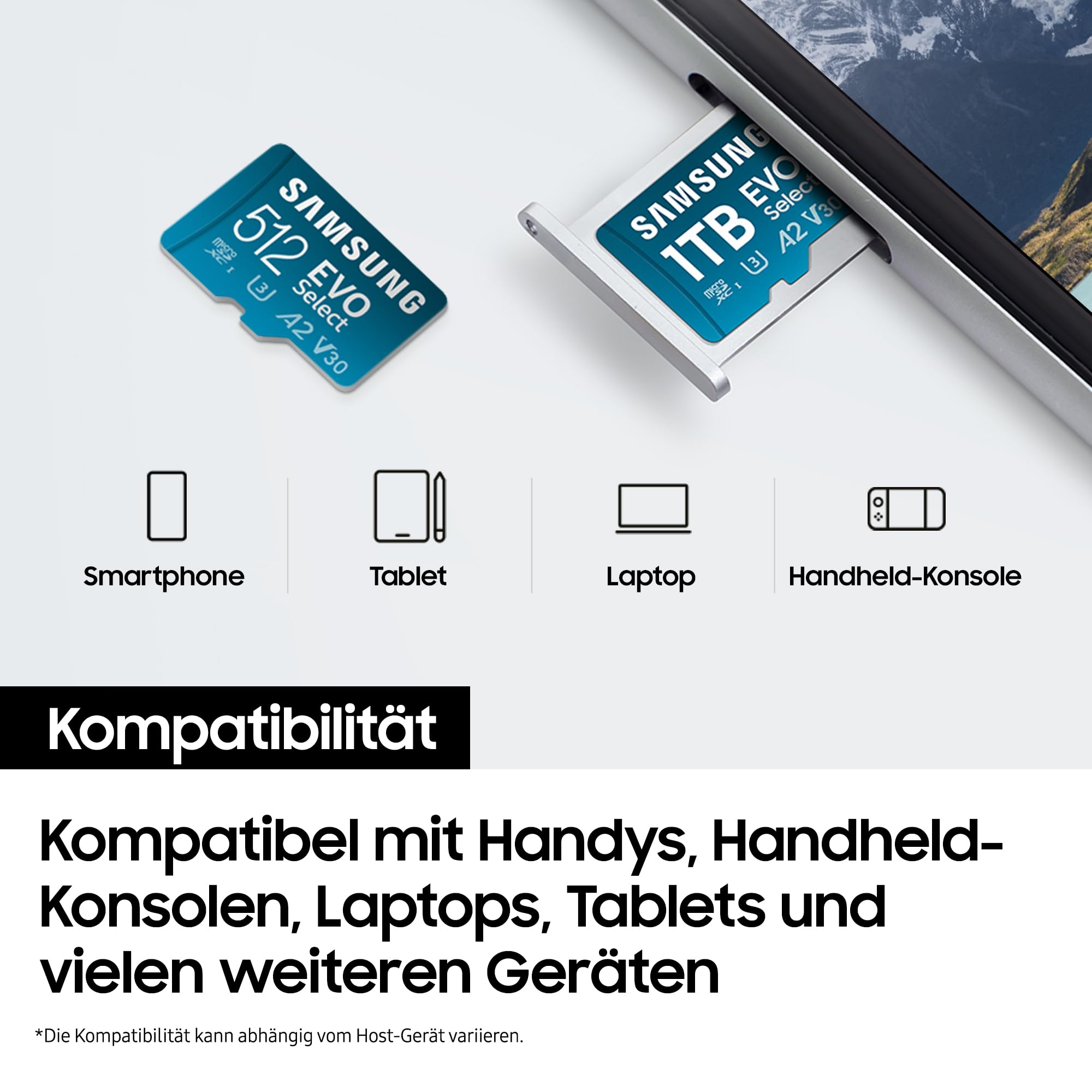 Samsung microSD-Karten, kompatibel mit Smartphones, Tablets, Laptops und Handheld-Konsolen.