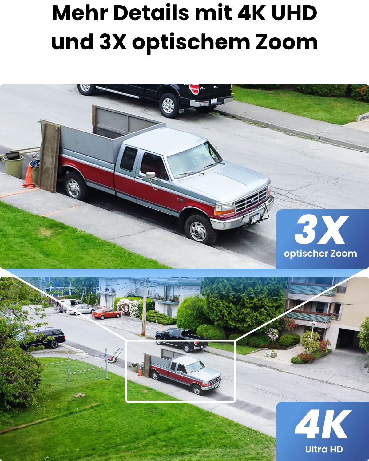Immagini comparative di un pickup argento e rosso con zoom ottico 3X e risoluzione 4K Ultra HD.