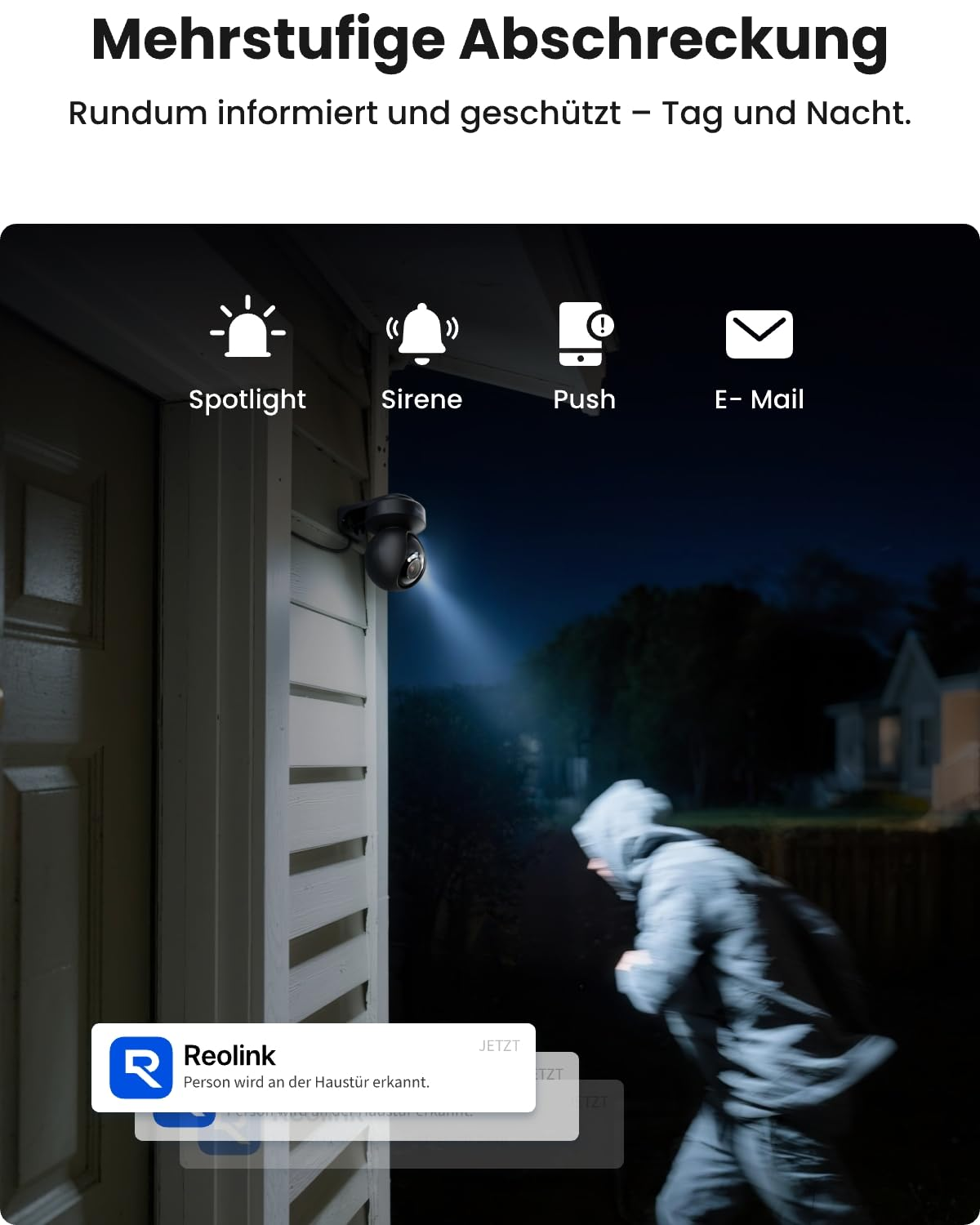 Telecamera di sicurezza illumina un intruso di notte davanti a una casa, con icone per faretra, sirena, push ed email.