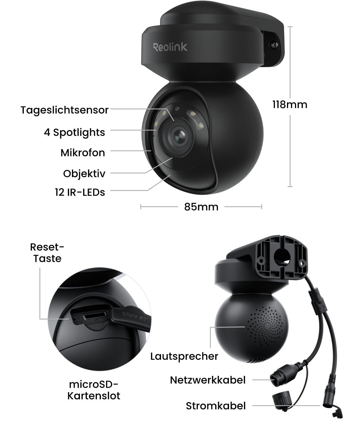 Telecamera di sicurezza Reolink nera con dimensioni, obiettivo, faretti, microfono, pulsante di reset.
