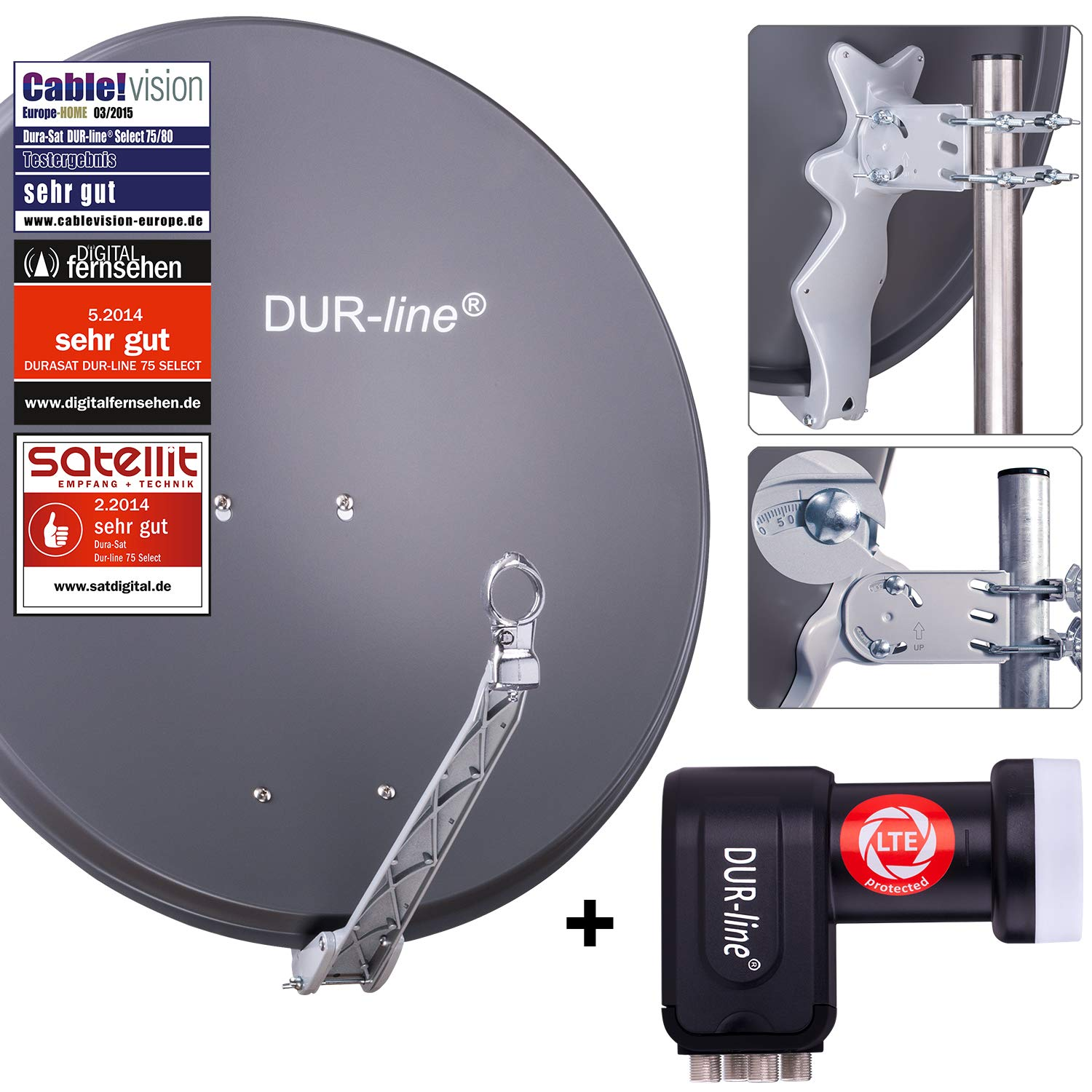 Graue DUR-line Satellitenschüssel mit LNB, Halterungen und Test-Siegeln vor weißem Hintergrund.